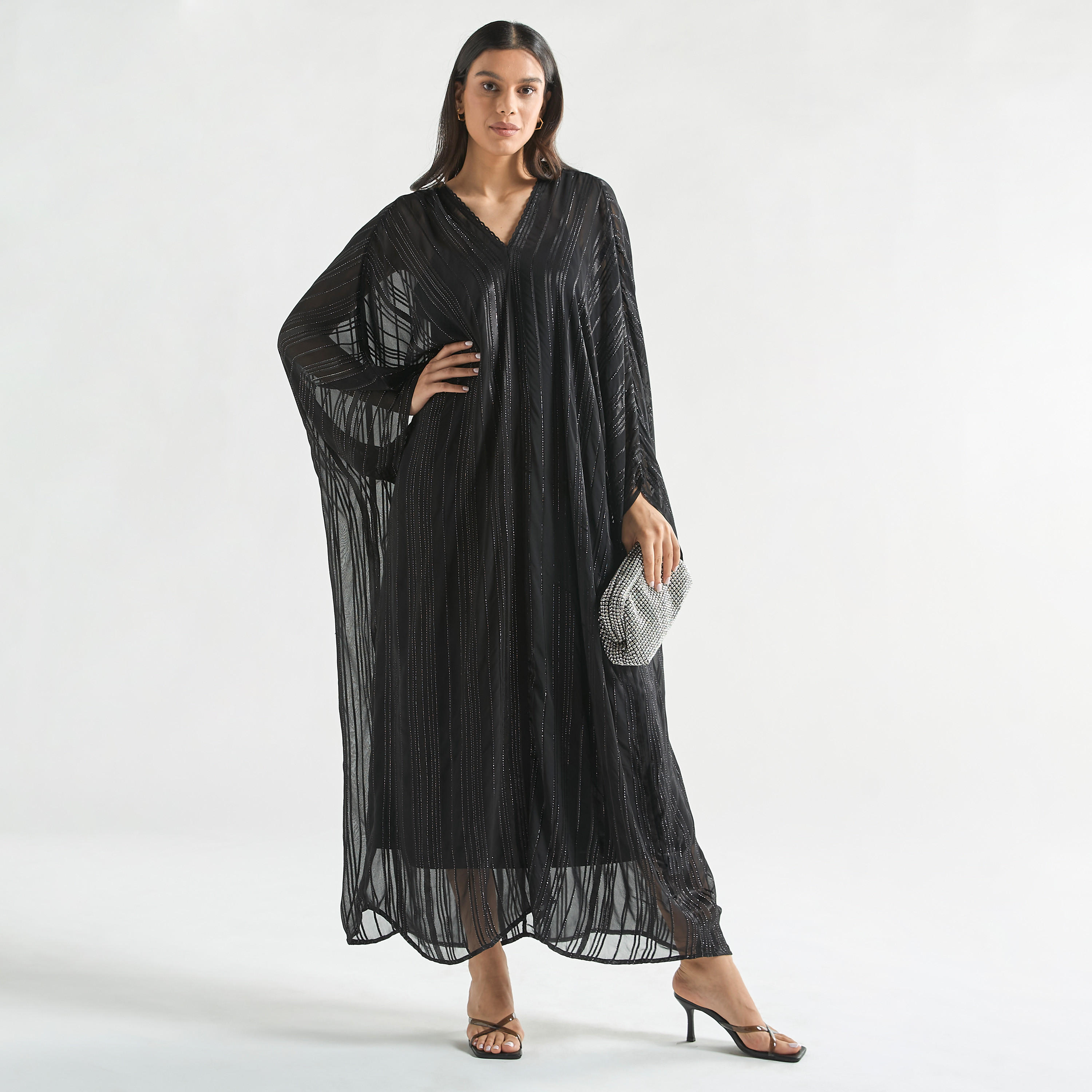 Textured Kaftan Dress with V-neck and Tie-Up Detail-women-clothing-dresses-image-4