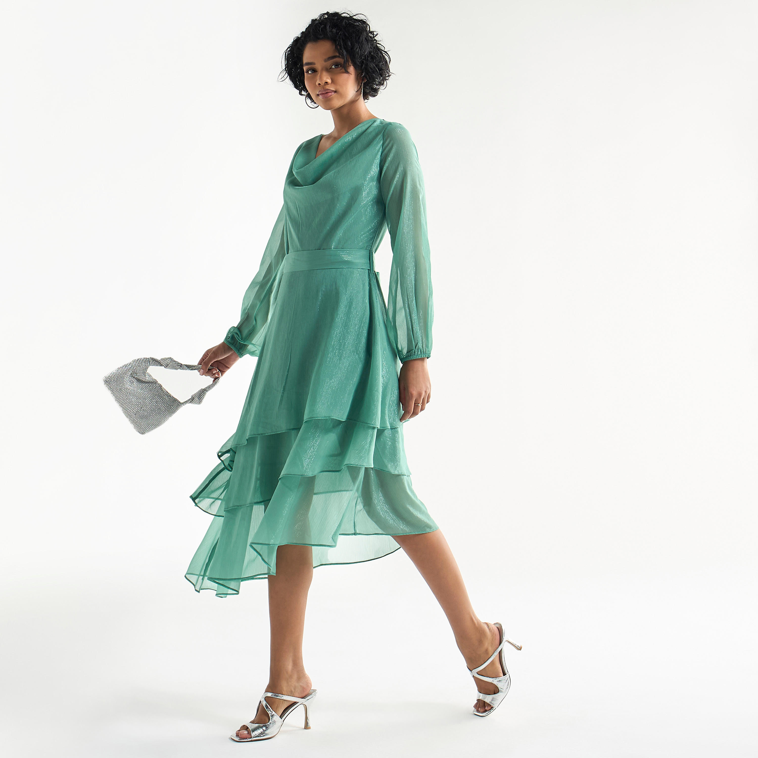 Textured Layered Dress with Cowl Neck and Long Sleeves-women-clothing-dresses-image-1