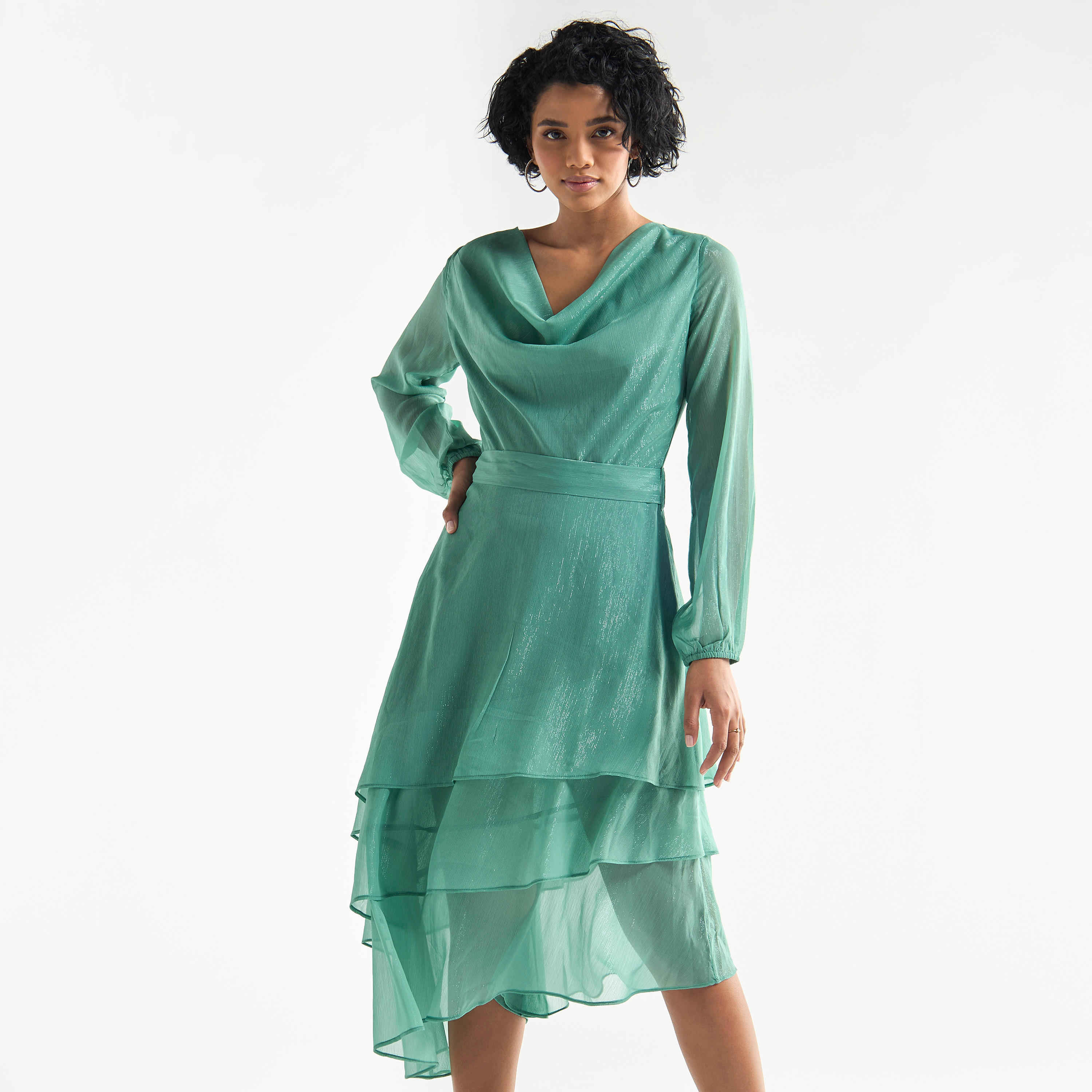 Textured Layered Dress with Cowl Neck and Long Sleeves-women-clothing-dresses-image-2