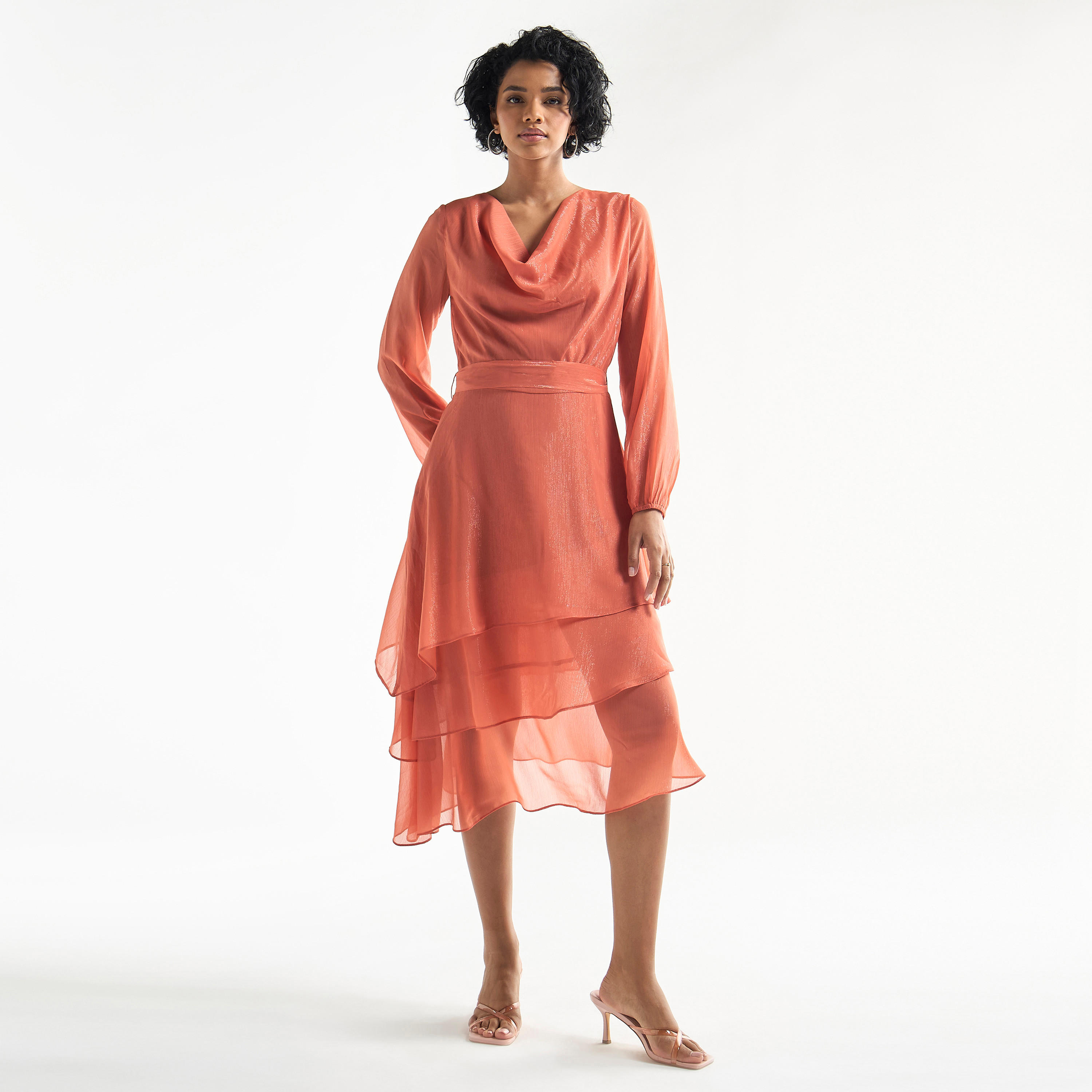 Textured Layered Dress with Cowl Neck and Long Sleeves-women-clothing-dresses-image-11