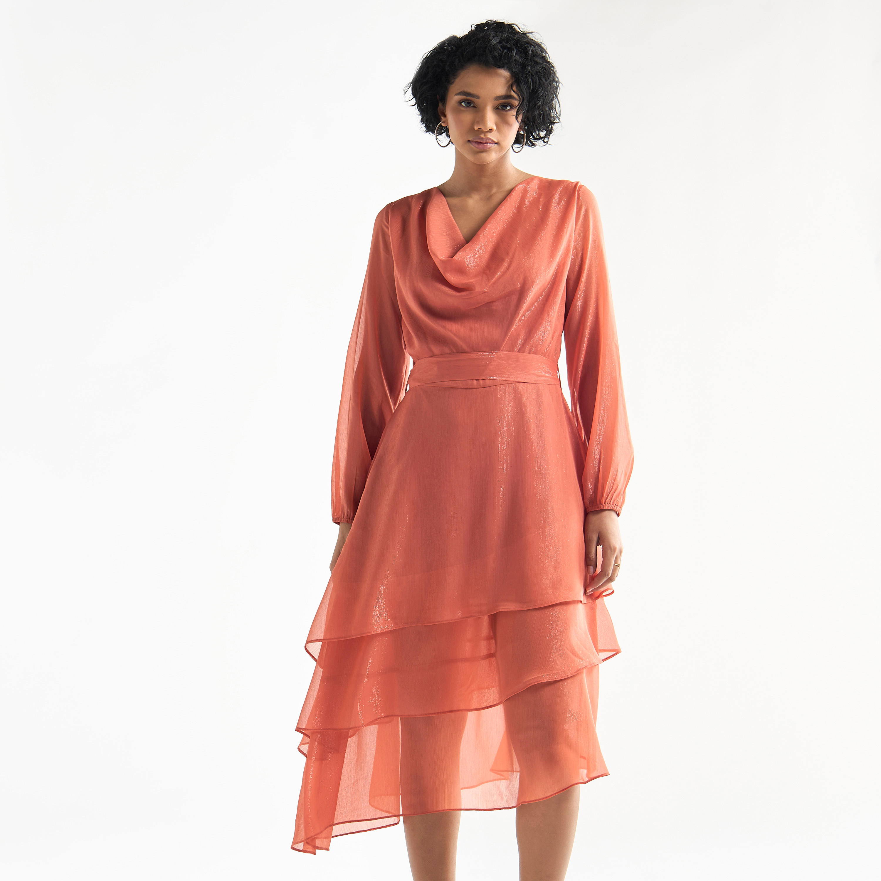 Textured Layered Dress with Cowl Neck and Long Sleeves-women-clothing-dresses-image-12