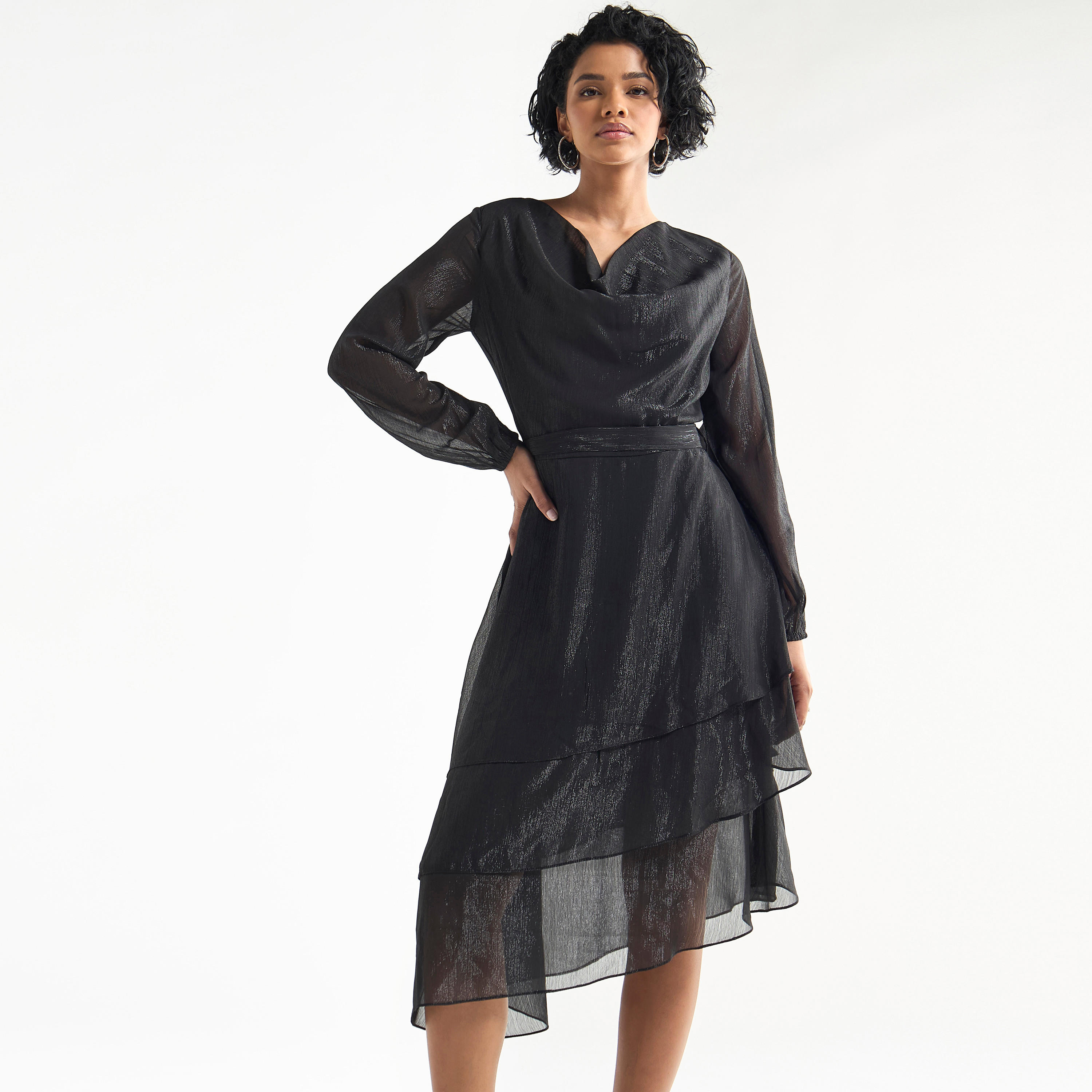 Textured Layered Dress with Cowl Neck and Long Sleeves-women-clothing-dresses-image-6