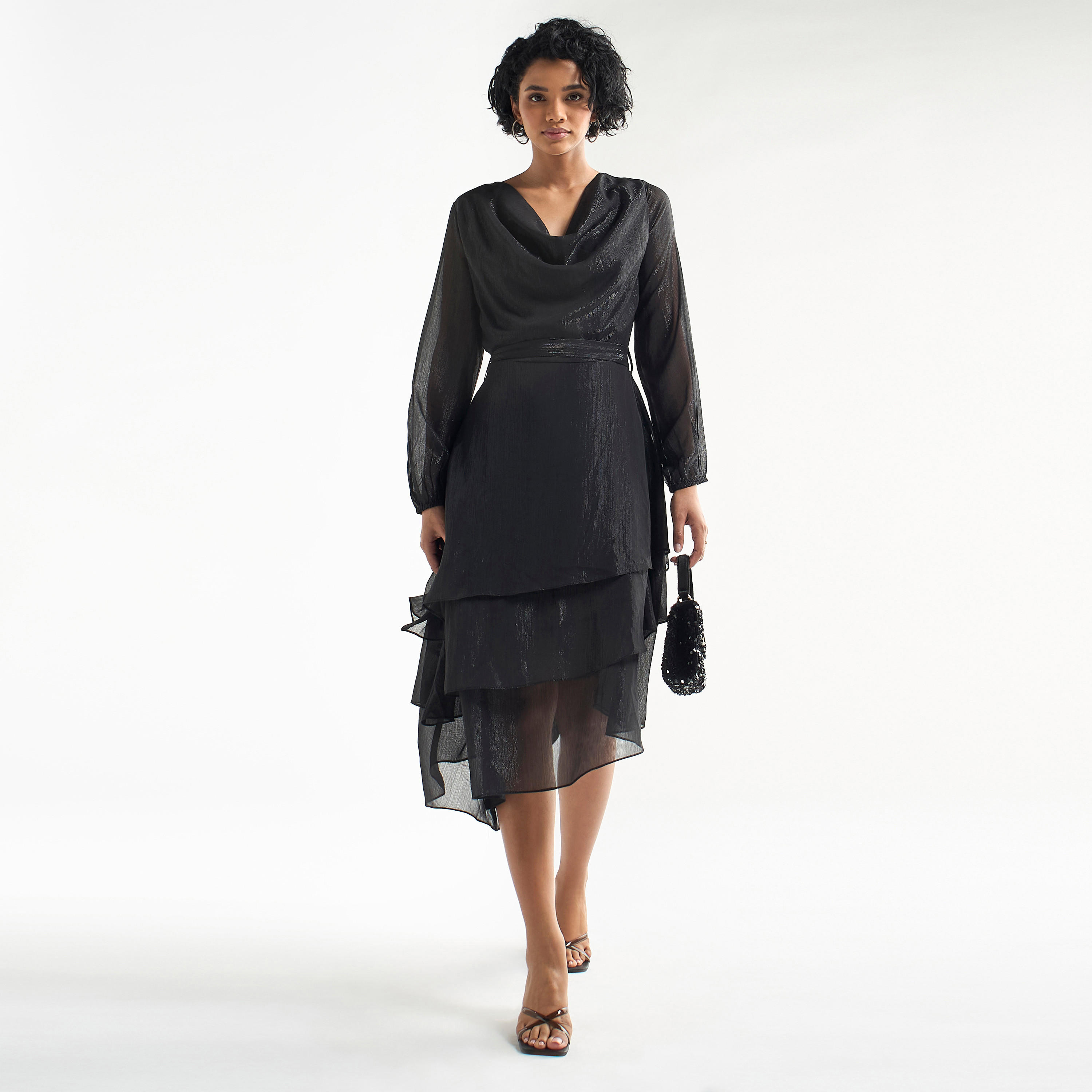 Textured Layered Dress with Cowl Neck and Long Sleeves-women-clothing-dresses-image-7