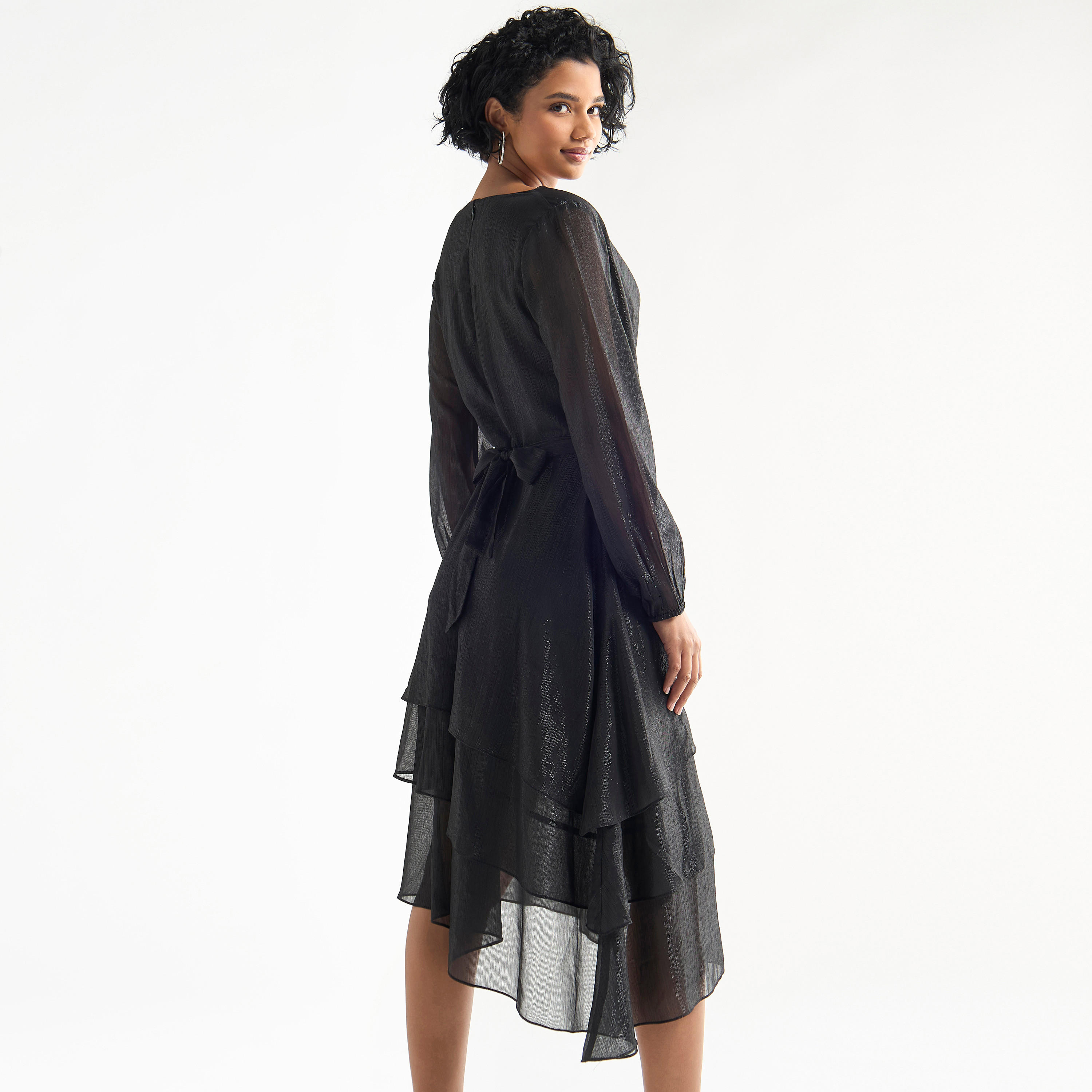 Textured Layered Dress with Cowl Neck and Long Sleeves-women-clothing-dresses-image-8