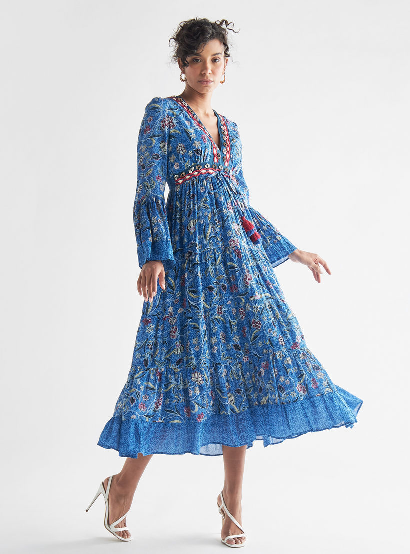 فستان بياقة V وطبعات أزهار وأكمام جرس-women-clothing-dresses-image-1