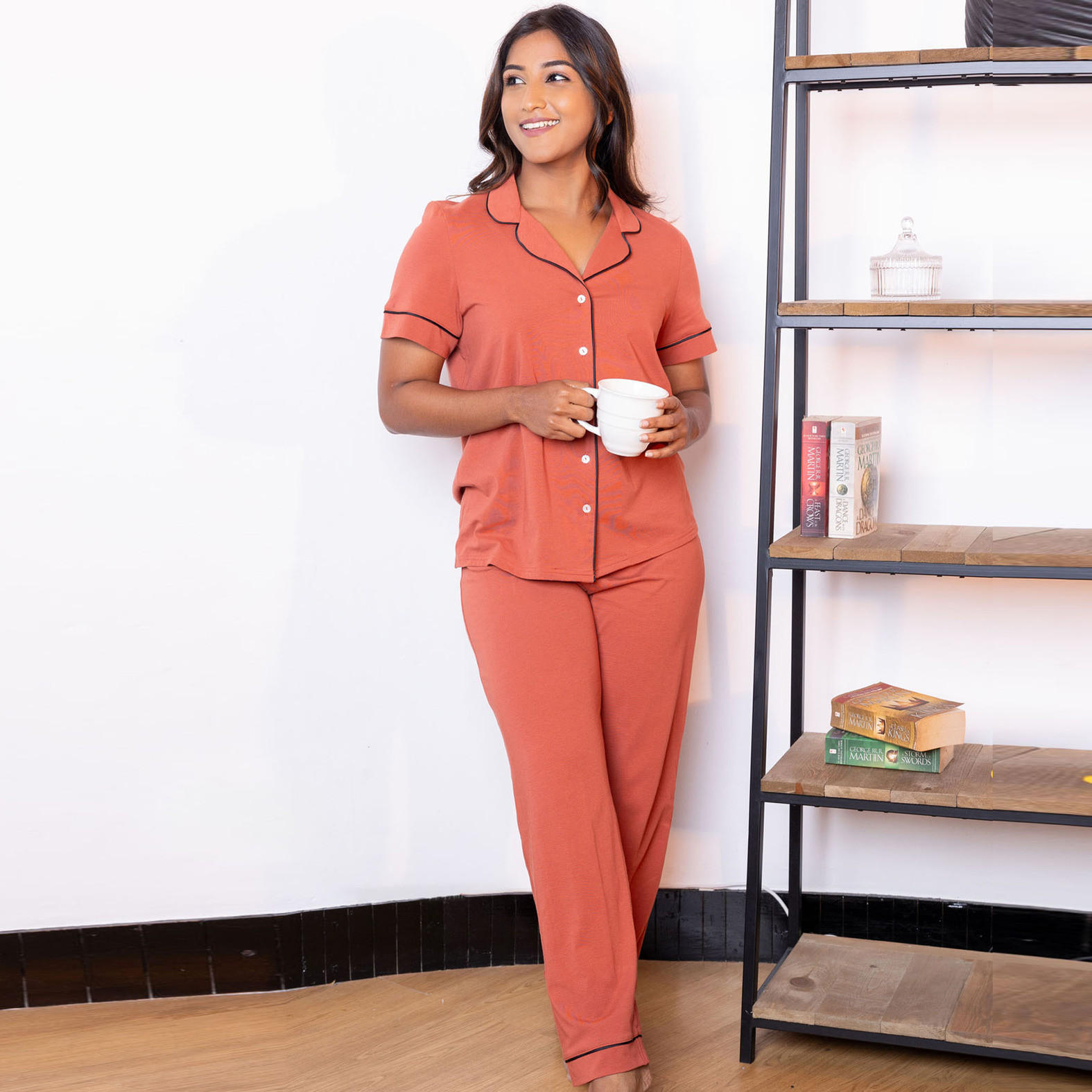 Aadaraya Solid Notch Collar Shirt with Pyjamas and Eyemask-women-clothing-nightwear-pyjamas-longsets-image-1
