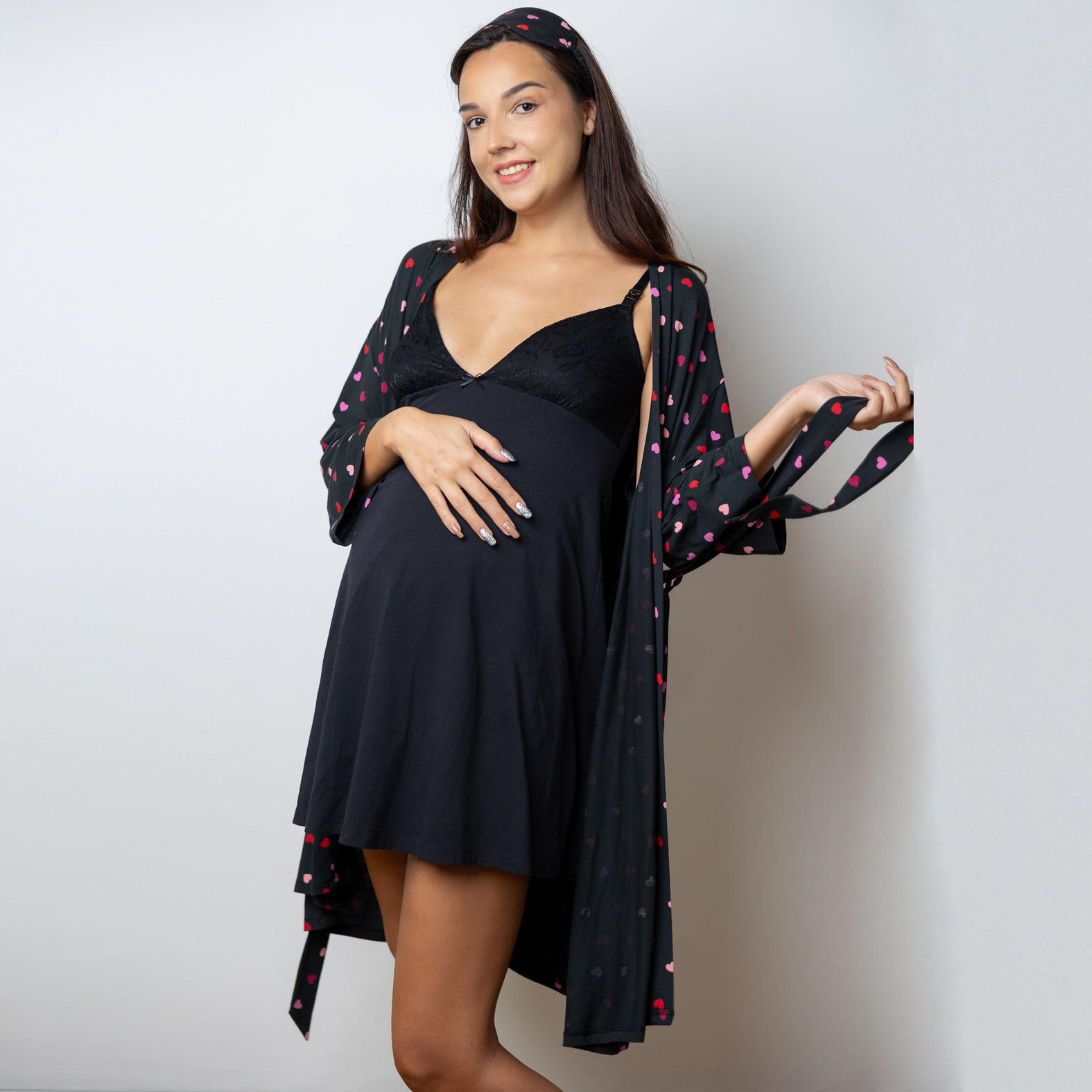 قميص سادة للحوامل مع روب بطبعات وقناع للعين من آدارايا-women-clothing-maternity-nightwear-image-1