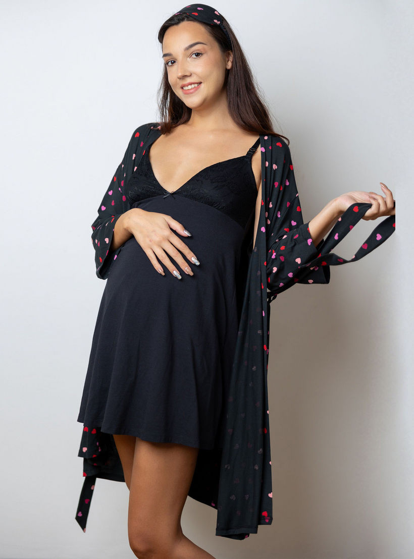 قميص سادة للحوامل مع روب بطبعات وقناع للعين من آدارايا-women-clothing-maternity-nightwear-image-1