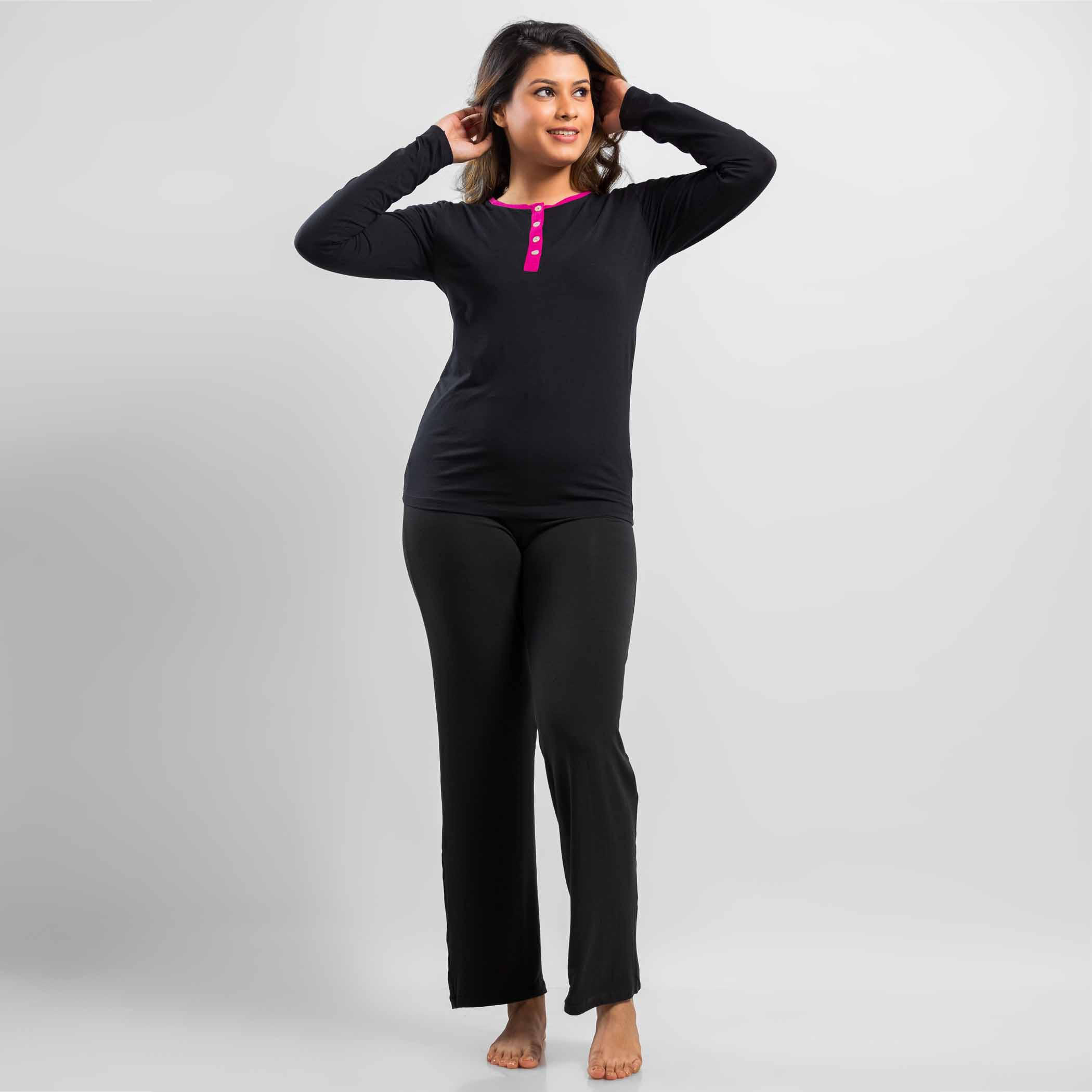 طقم بنطلون بيجاما وتيشيرت سادة من آدارايا-women-clothing-nightwear-pyjamas-longsets-image-1