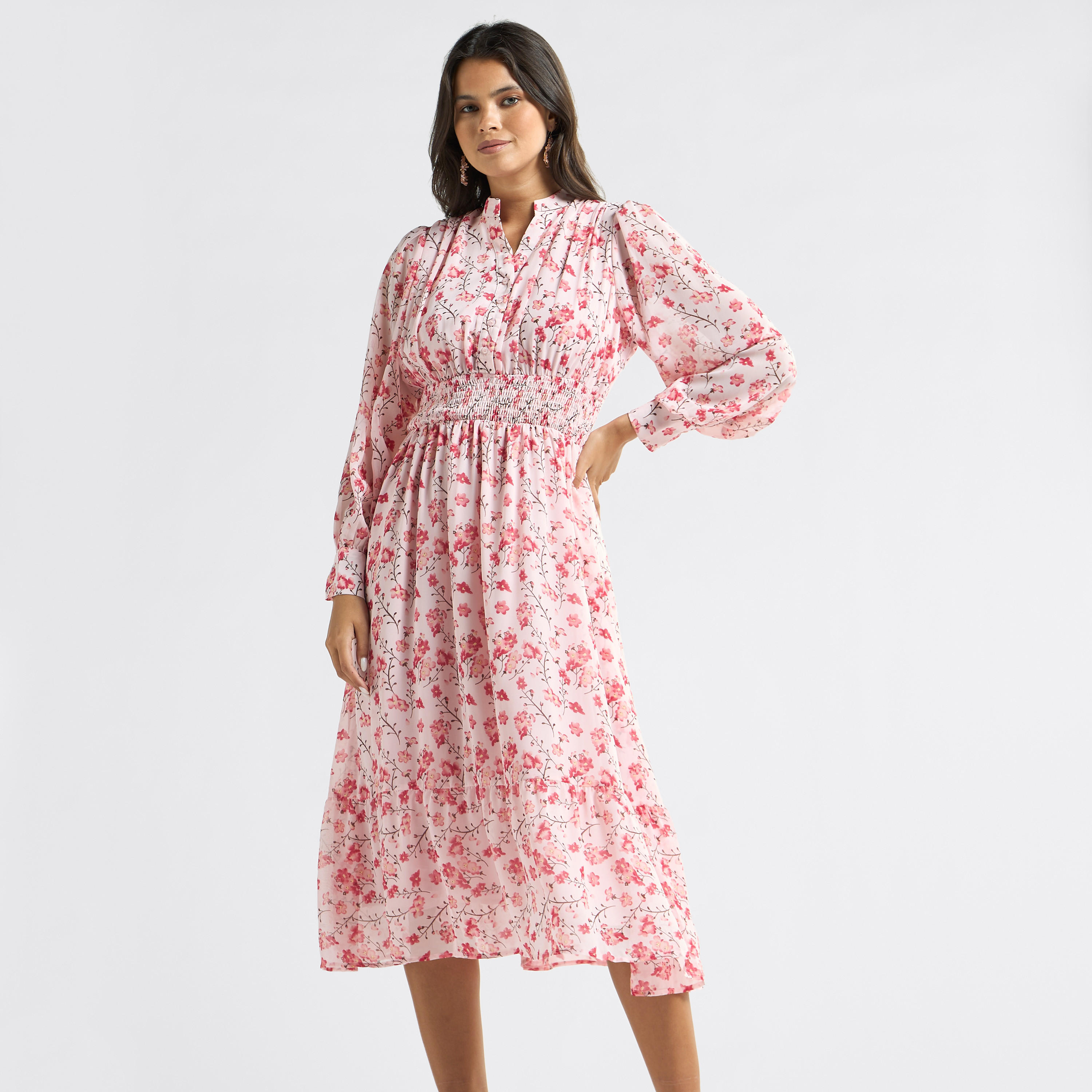 فستان إيه لاين بياقة ماندرين وطبعات زهرية وتفاصيل سيرساكر-women-clothing-dresses-image-1