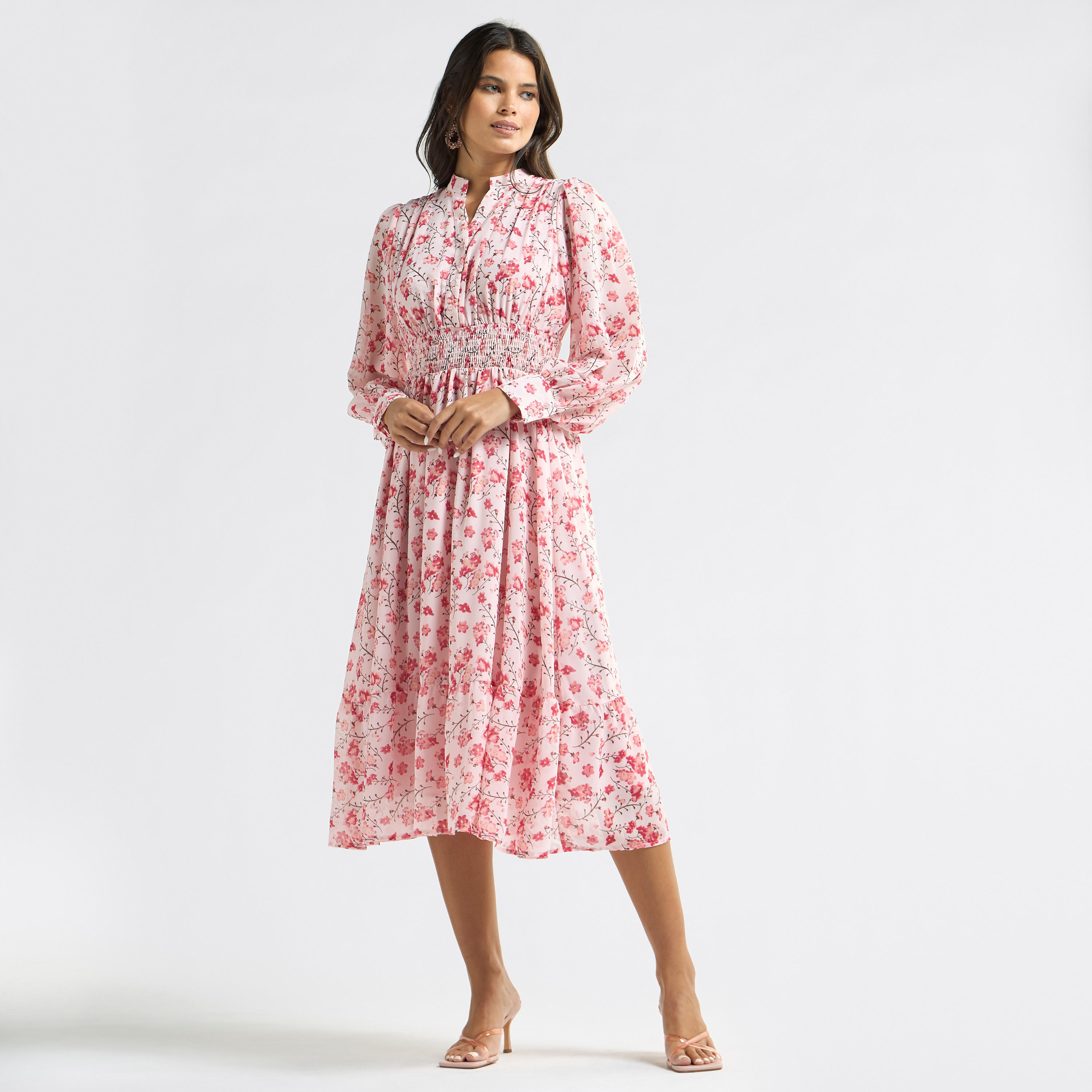 فستان إيه لاين بياقة ماندرين وطبعات زهرية وتفاصيل سيرساكر-women-clothing-dresses-image-2