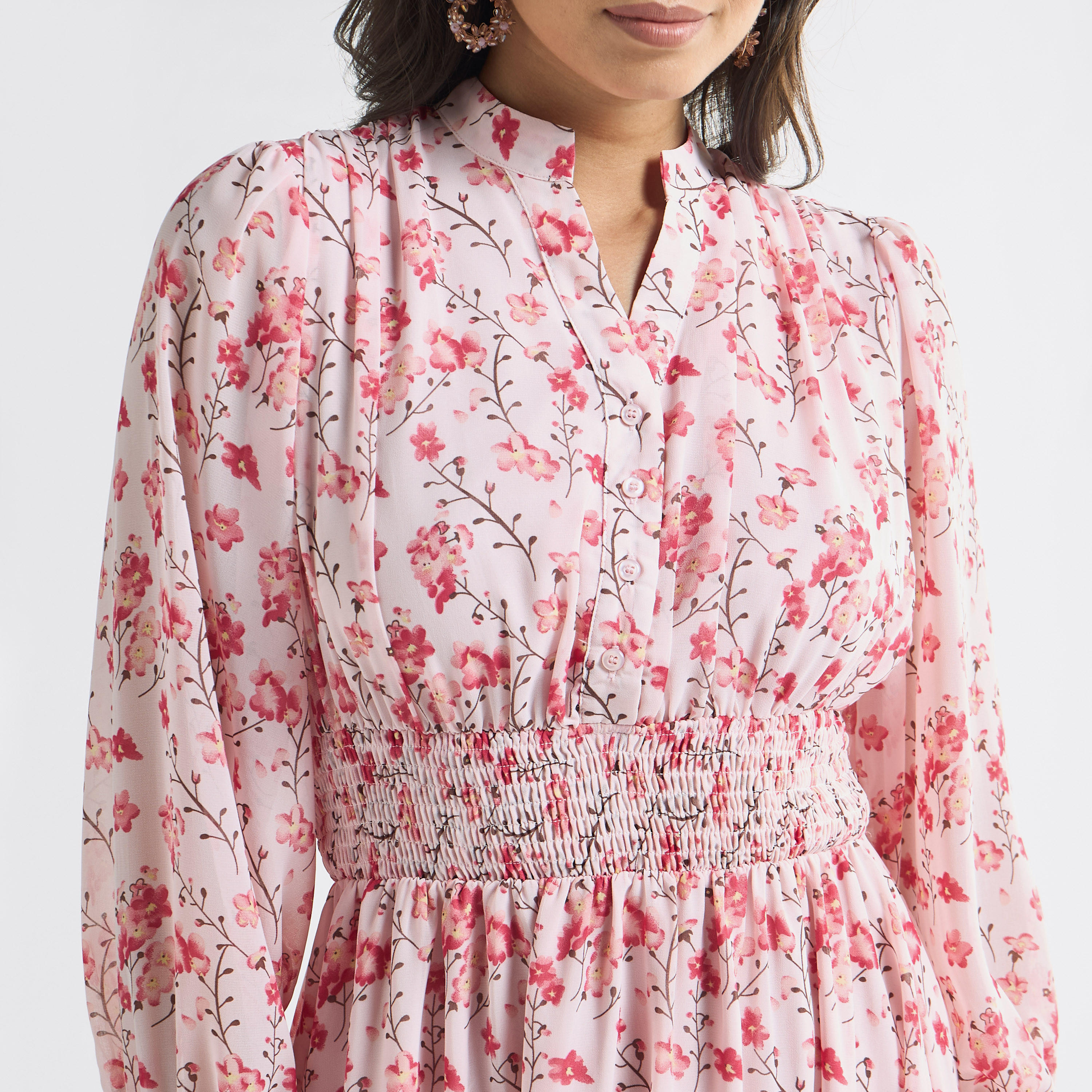 فستان إيه لاين بياقة ماندرين وطبعات زهرية وتفاصيل سيرساكر-women-clothing-dresses-image-4