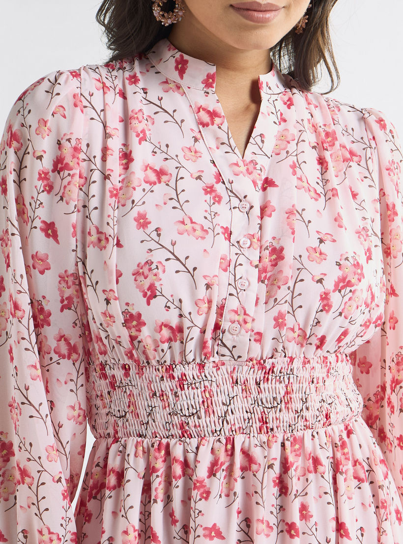 فستان إيه لاين بياقة ماندرين وطبعات زهرية وتفاصيل سيرساكر-women-clothing-dresses-image-4