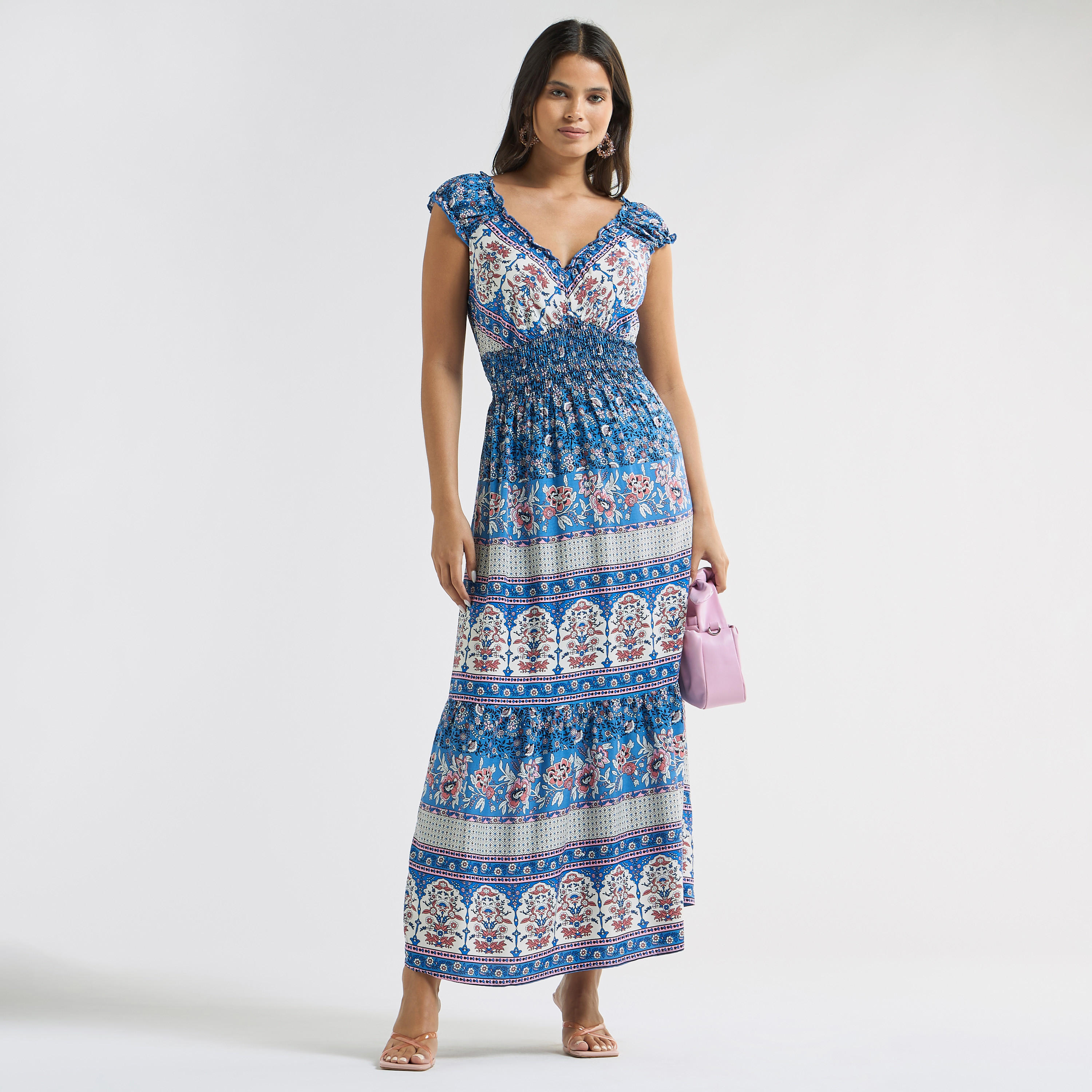 فستان متعدد الطبقات بياقة V وأكمام كاب وطبعات-women-clothing-dresses-image-1