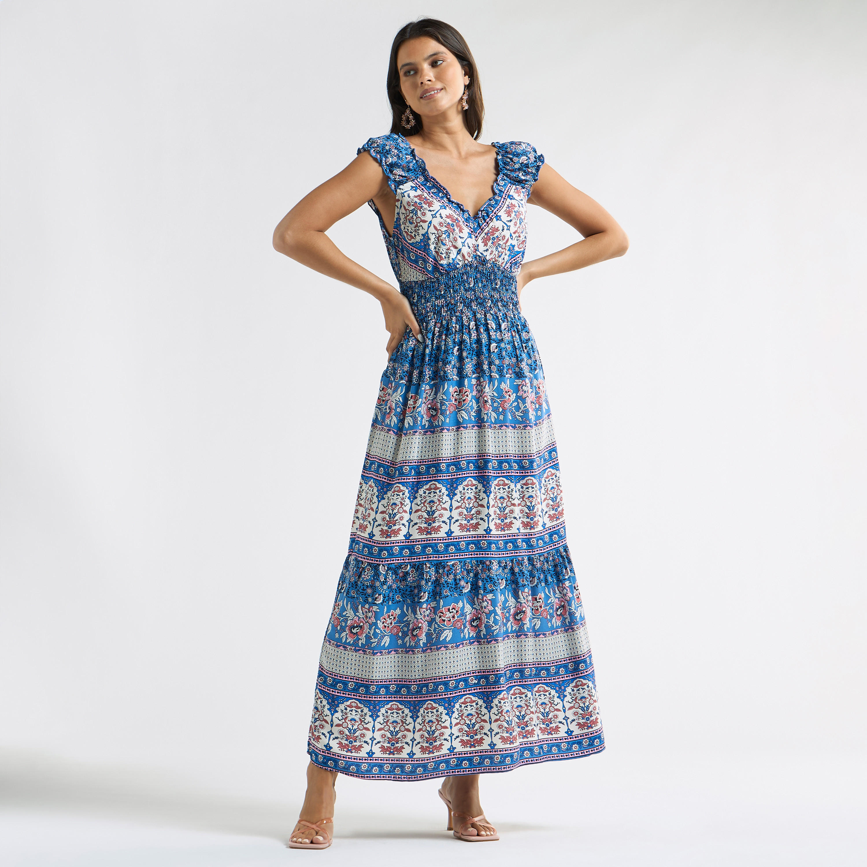 فستان متعدد الطبقات بياقة V وأكمام كاب وطبعات-women-clothing-dresses-image-2