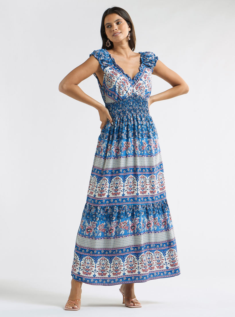 فستان متعدد الطبقات بياقة V وأكمام كاب وطبعات-women-clothing-dresses-image-2