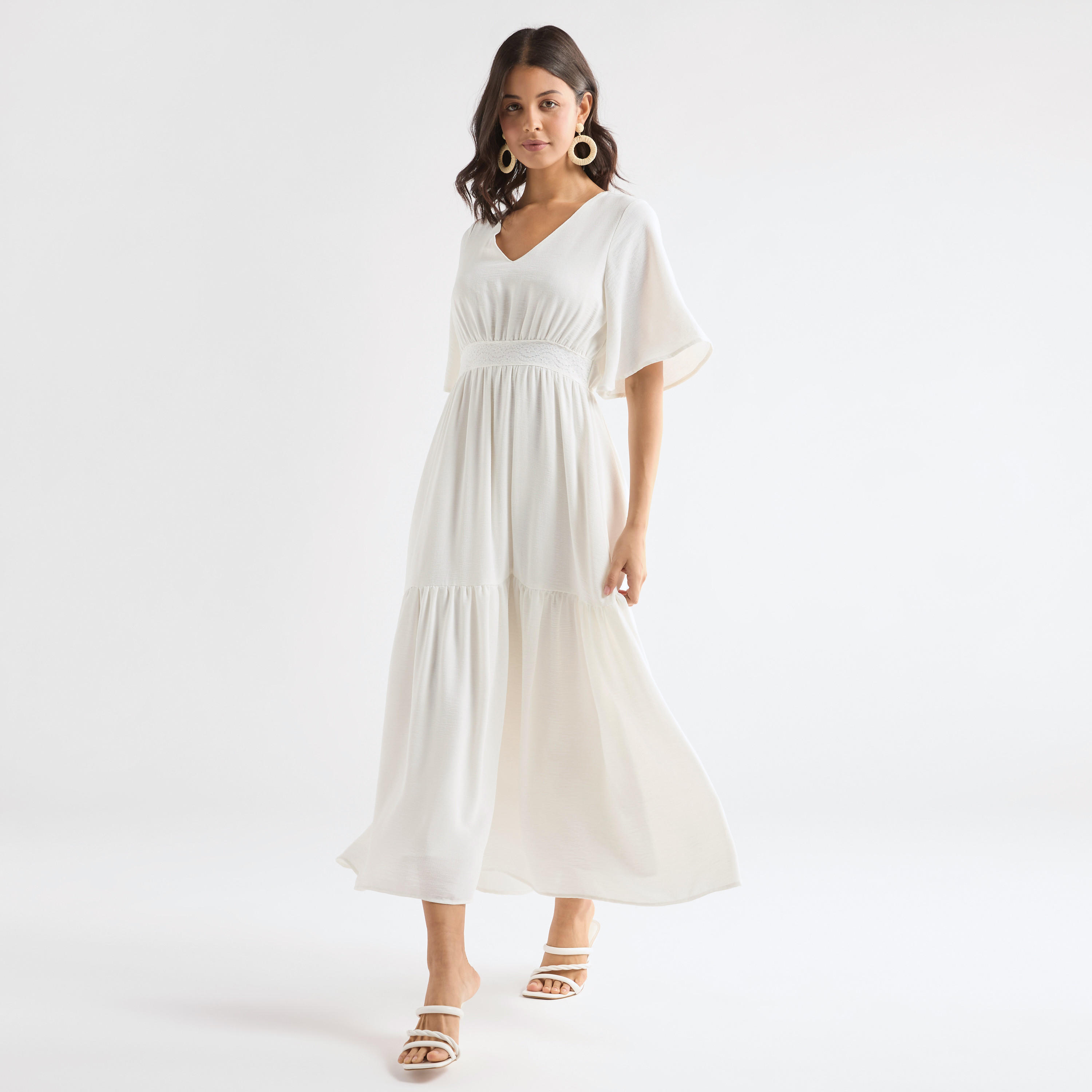 Textured V-neck Maxi Dress with Short Sleeves and Lace Detail-women-clothing-dresses-image-1