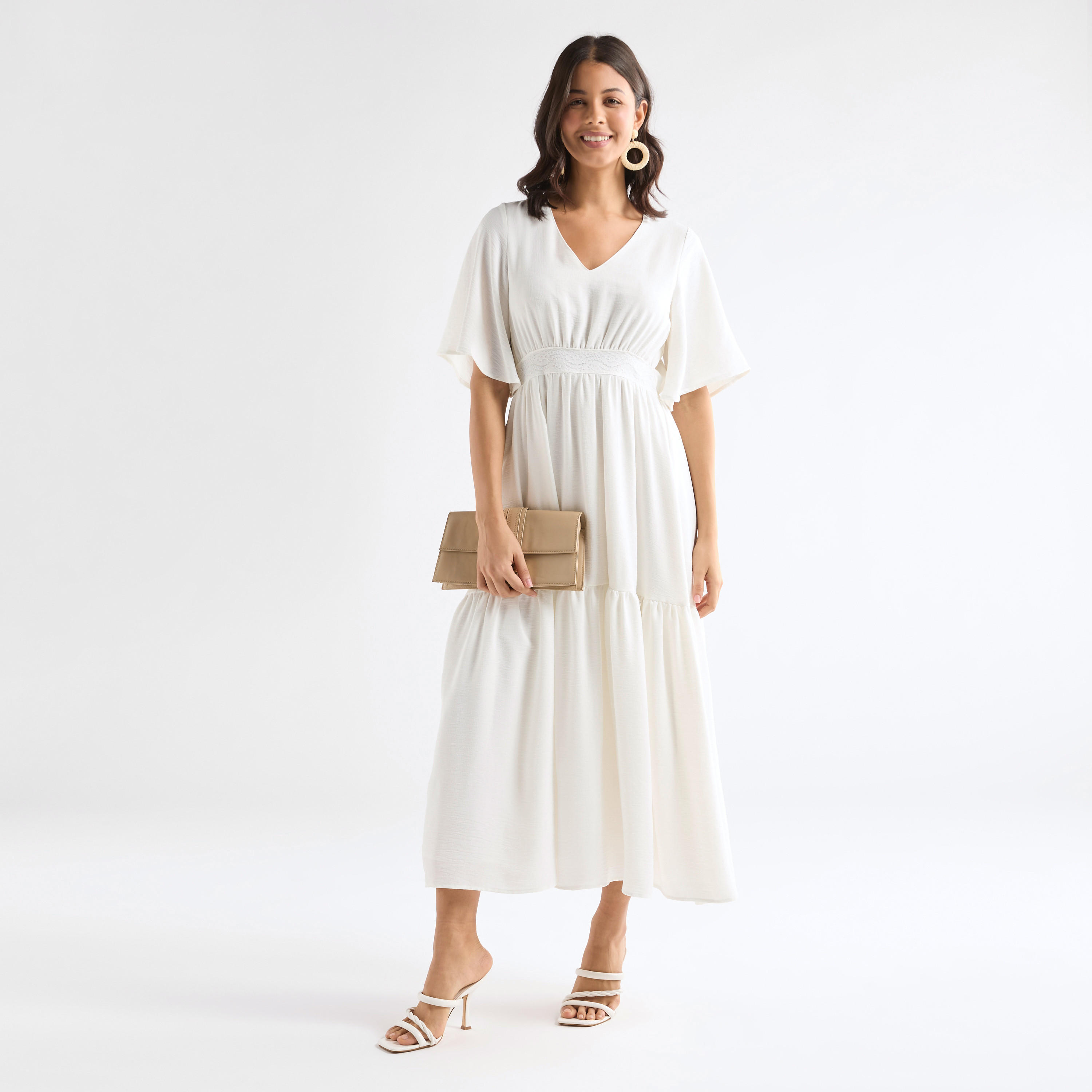 Textured V-neck Maxi Dress with Short Sleeves and Lace Detail-women-clothing-dresses-image-2