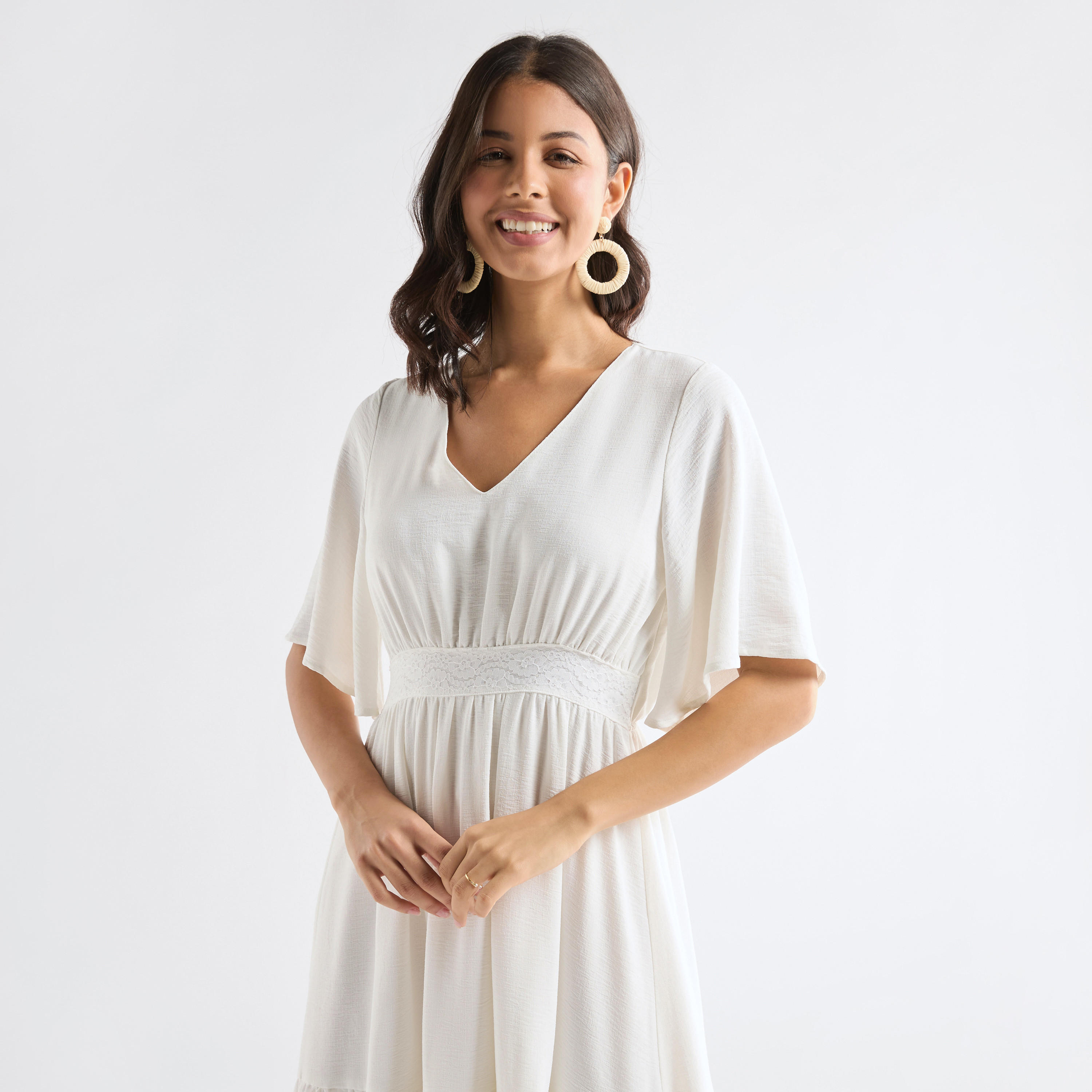 Textured V-neck Maxi Dress with Short Sleeves and Lace Detail-women-clothing-dresses-image-4
