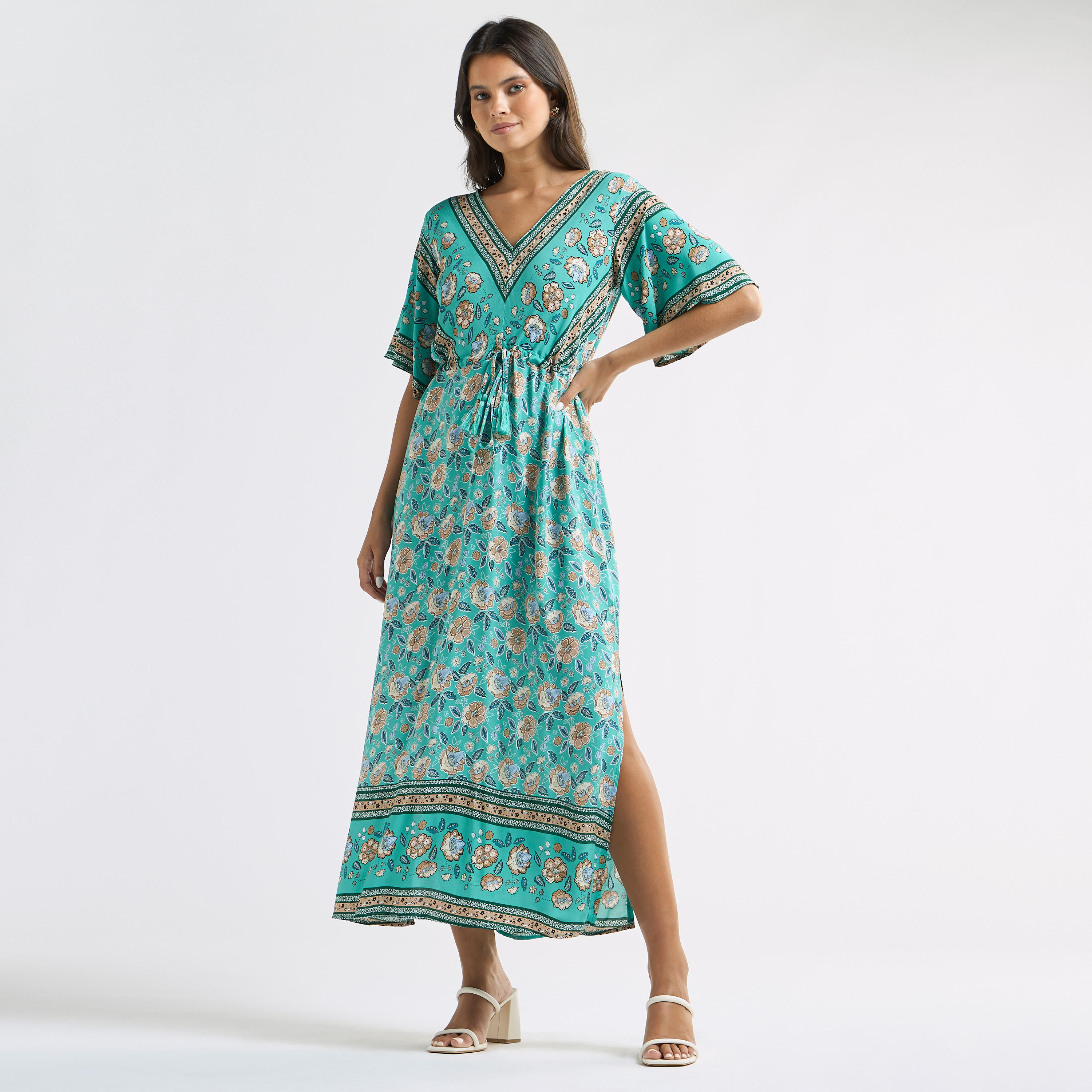 فستان بياقة v وأربطة وأكمام قصيرة وطبعات أزهار-women-clothing-dresses-image-1