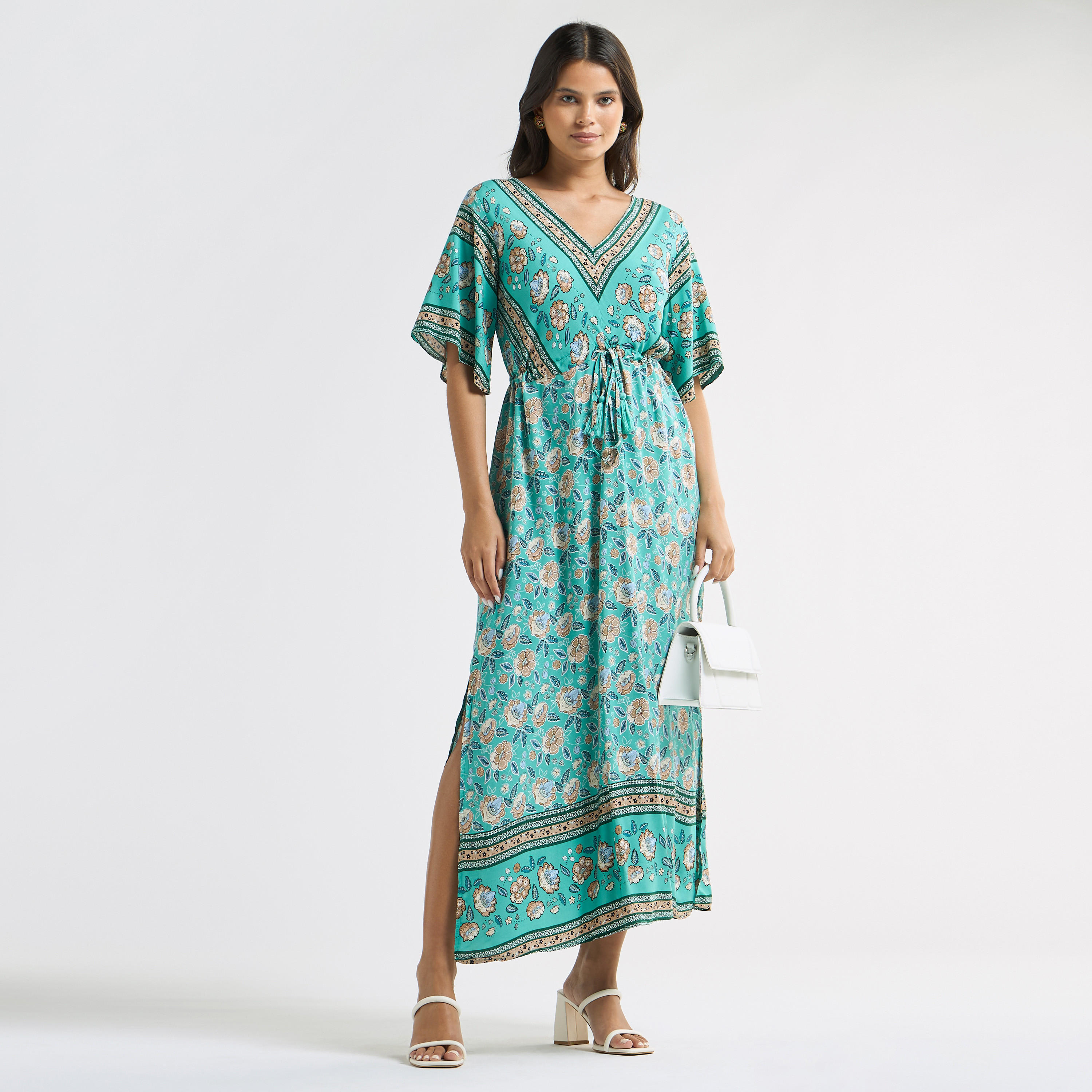 فستان بياقة v وأربطة وأكمام قصيرة وطبعات أزهار-women-clothing-dresses-image-2