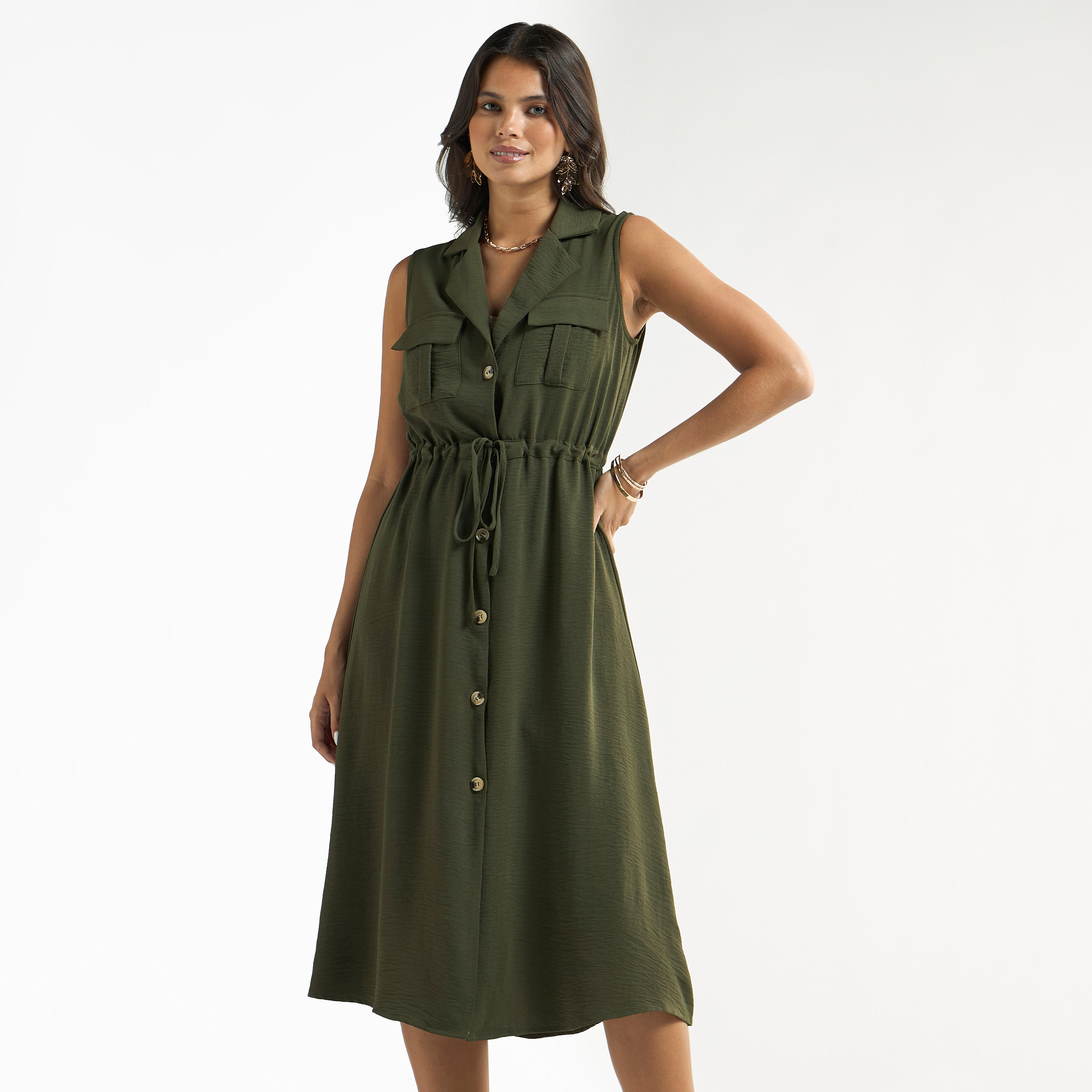 فستان قميص بارز الملمس بدون أكمام مع جيوب-women-clothing-dresses-image-1