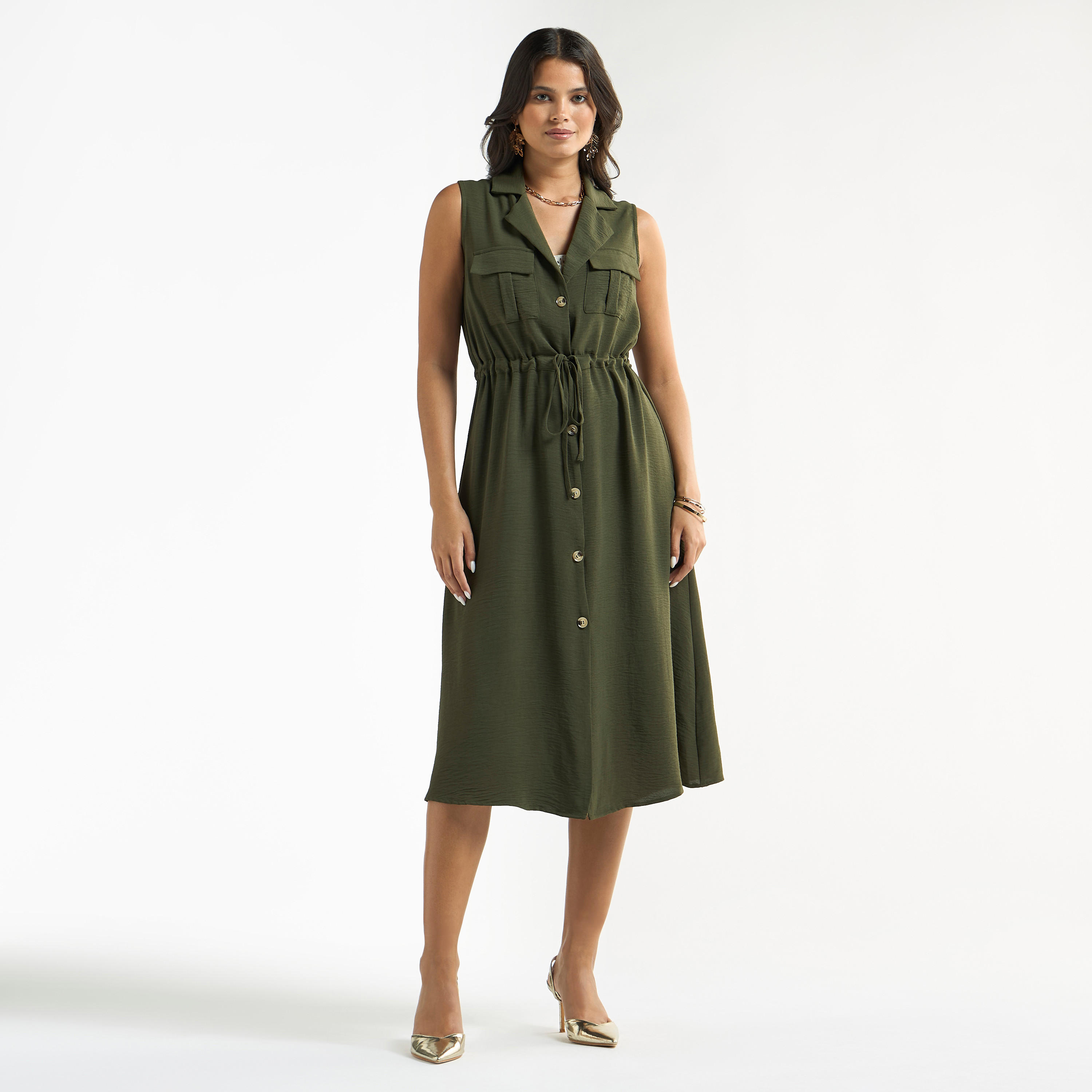 فستان قميص بارز الملمس بدون أكمام مع جيوب-women-clothing-dresses-image-2