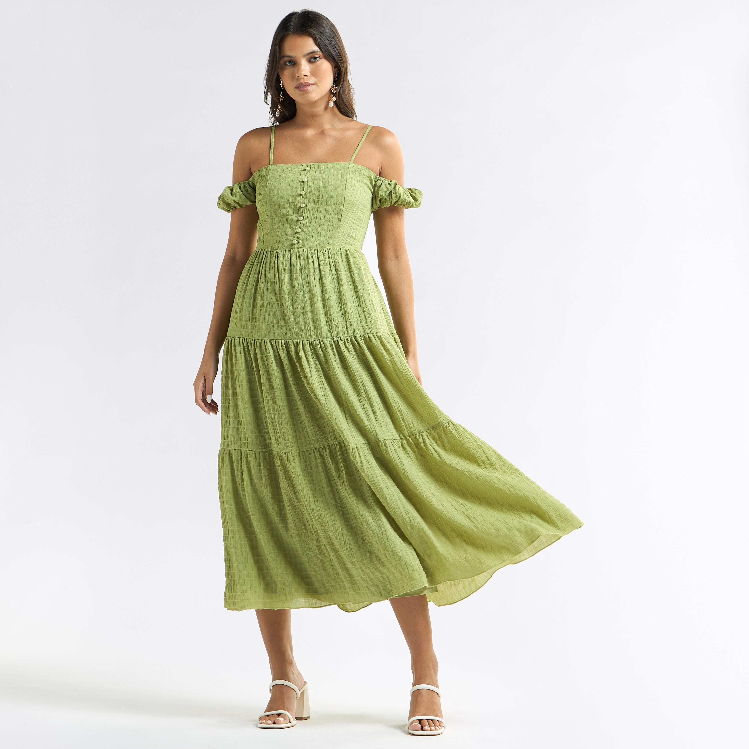 فستان ميدي إيه لاين بارز الملمس وأكتاف مكشوفة-women-clothing-dresses-image-4