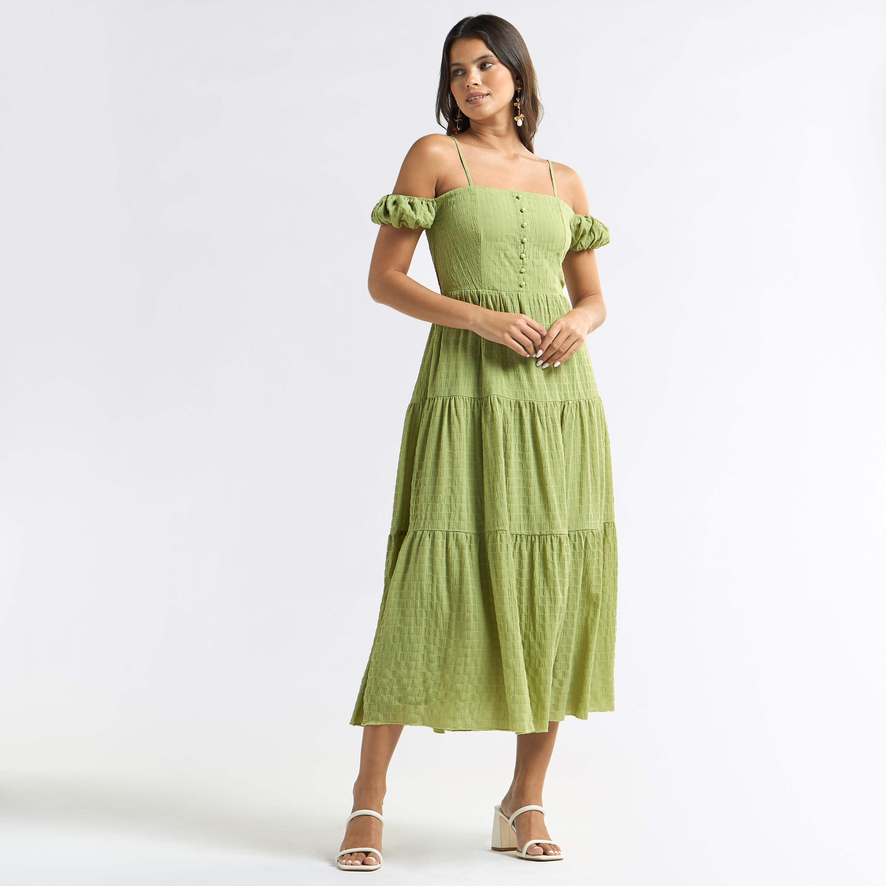 فستان ميدي إيه لاين بارز الملمس وأكتاف مكشوفة-women-clothing-dresses-image-3