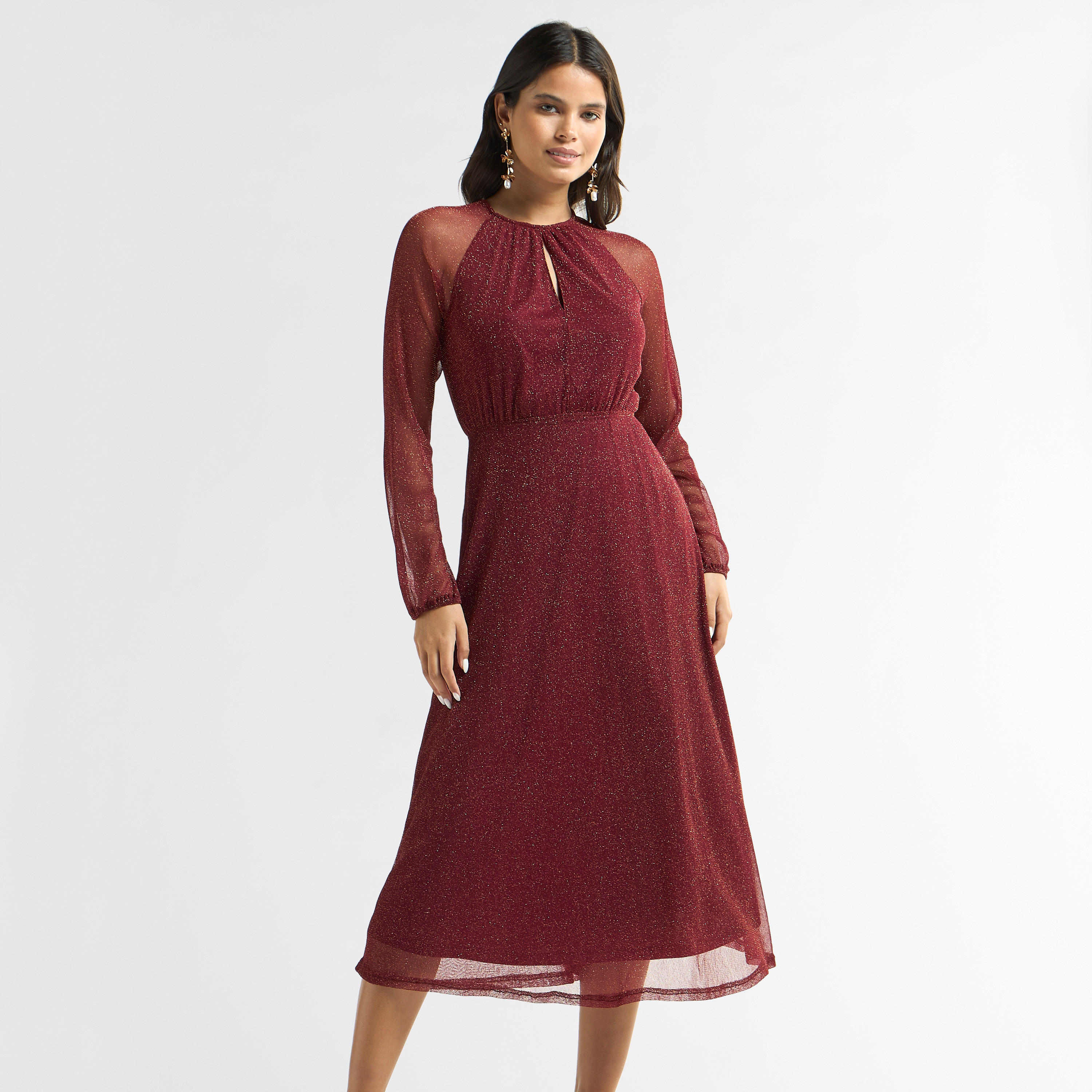 Shimmer Detail Midi A-line Dress with Long Sleeves and Round Neck-women-clothing-dresses-image-1