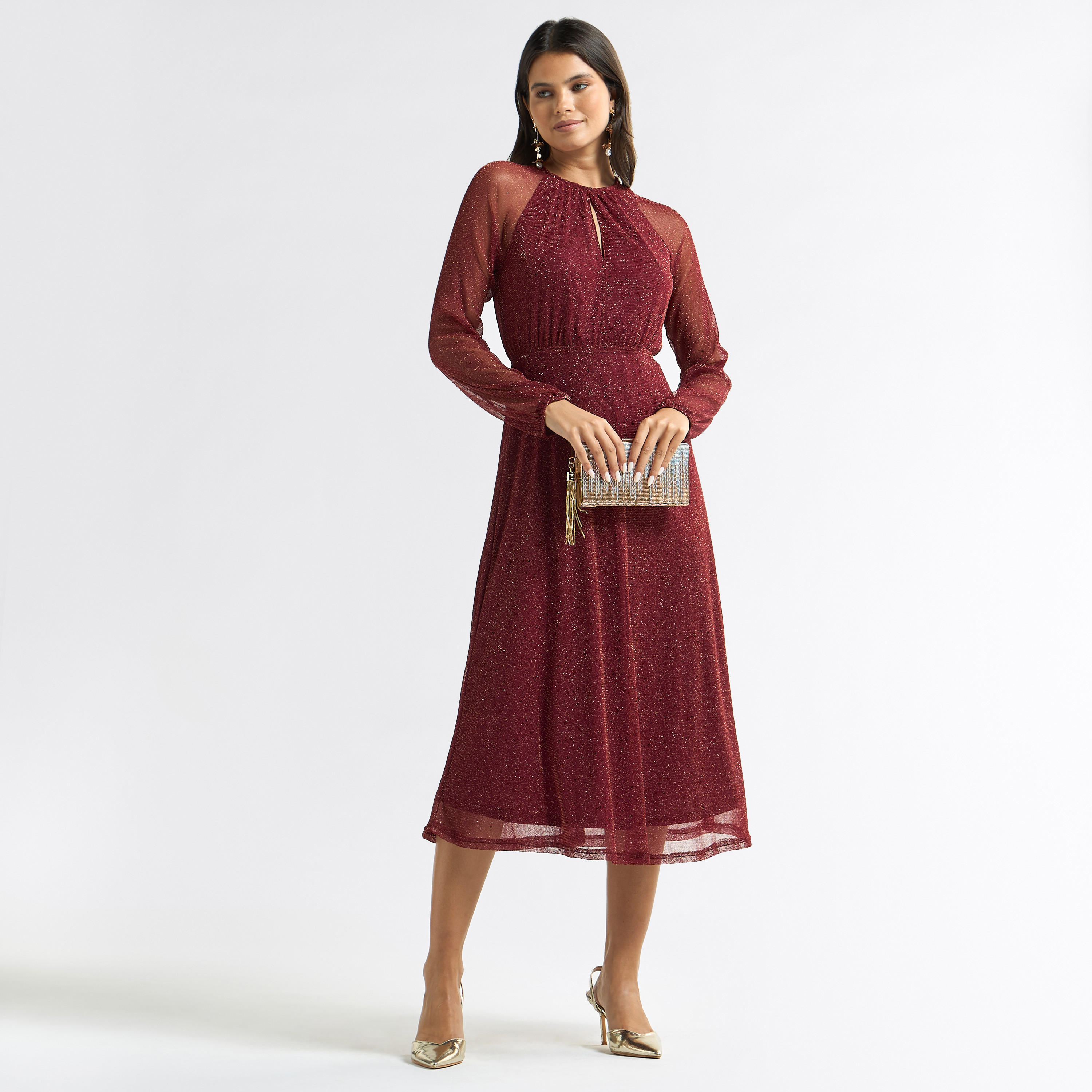 Shimmer Detail Midi A-line Dress with Long Sleeves and Round Neck-women-clothing-dresses-image-2