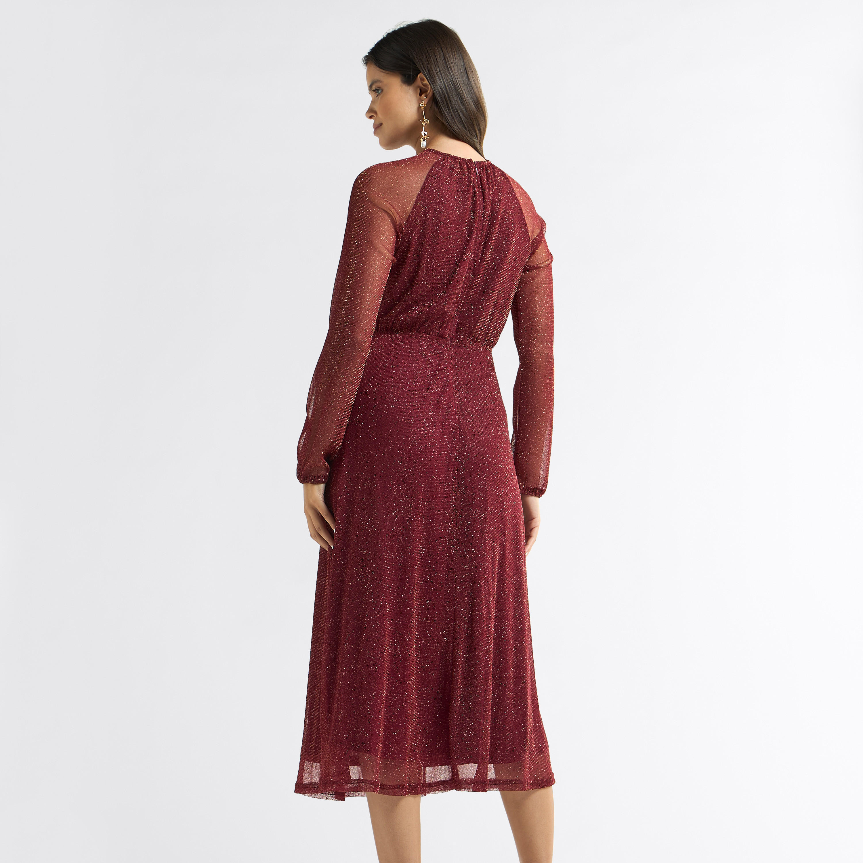 Shimmer Detail Midi A-line Dress with Long Sleeves and Round Neck-women-clothing-dresses-image-3