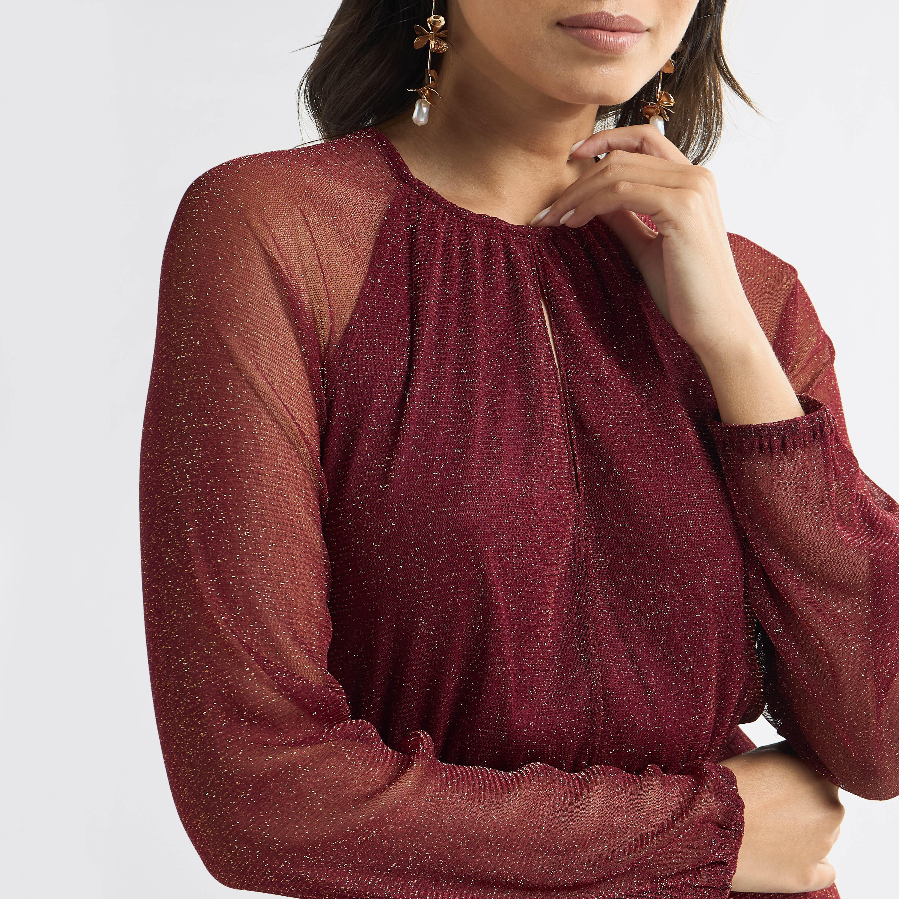 Shimmer Detail Midi A-line Dress with Long Sleeves and Round Neck-women-clothing-dresses-image-4