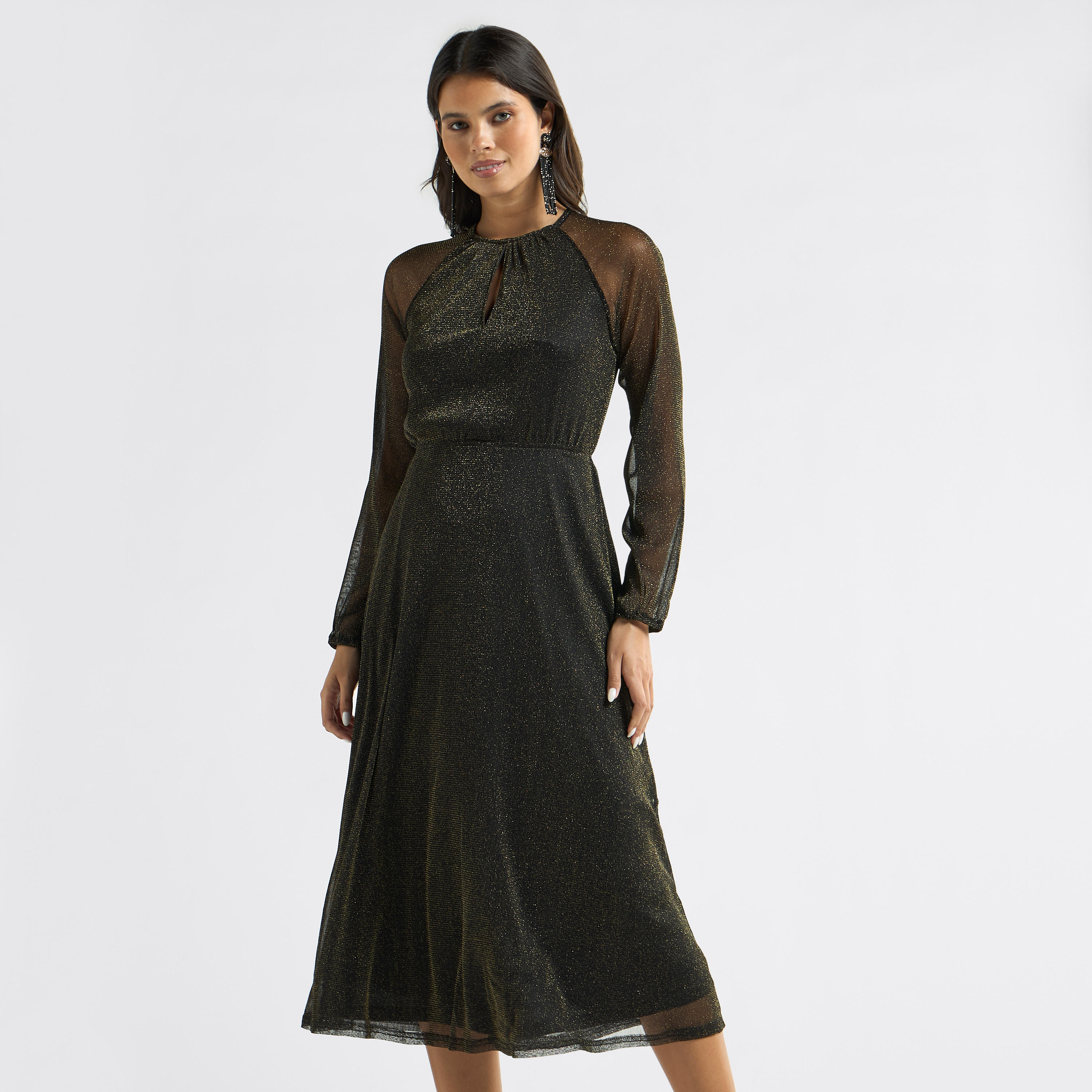 فستان إيه لاين ميدي بياقة مستديرة وأكمام طويلة بتفاصيل لامعة-women-clothing-dresses-image-1