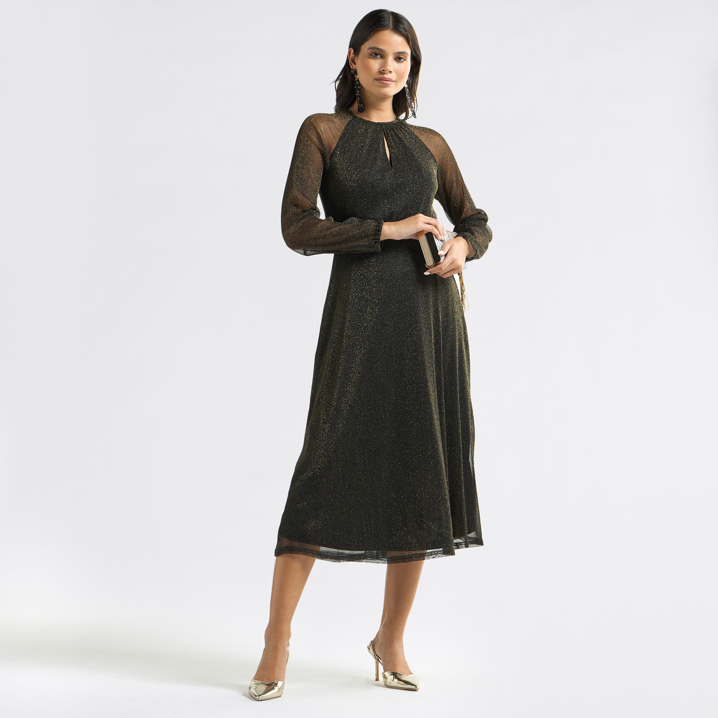 فستان إيه لاين ميدي بياقة مستديرة وأكمام طويلة بتفاصيل لامعة-women-clothing-dresses-image-2
