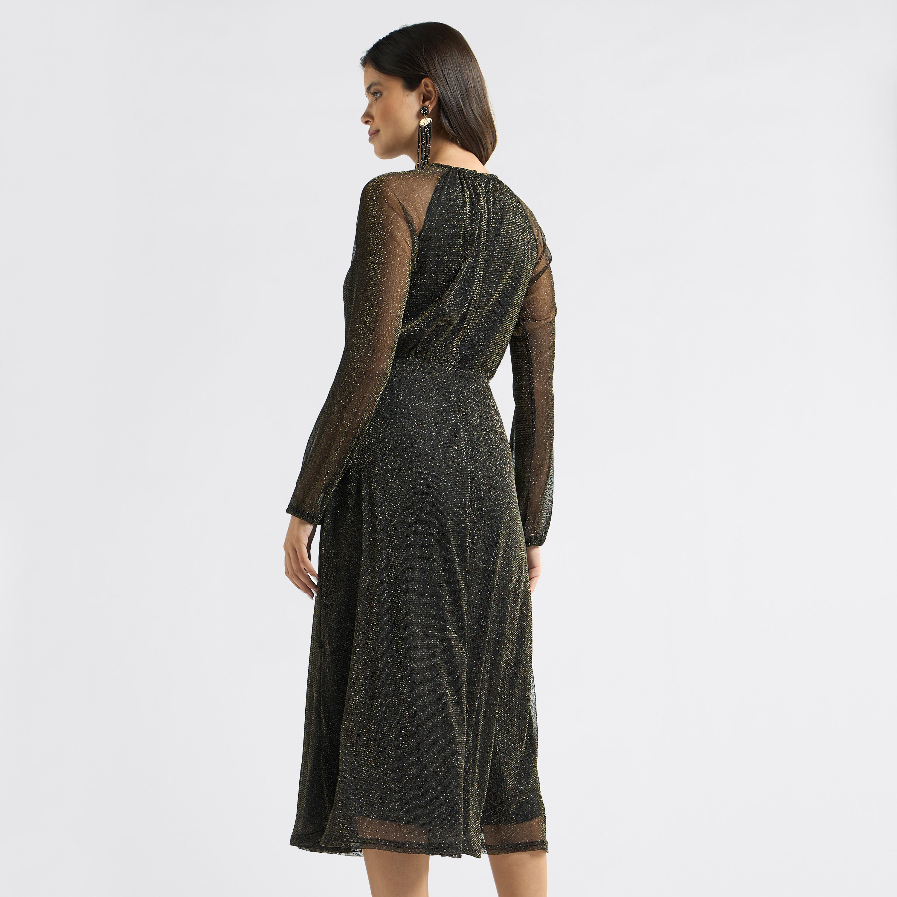 فستان إيه لاين ميدي بياقة مستديرة وأكمام طويلة بتفاصيل لامعة-women-clothing-dresses-image-3