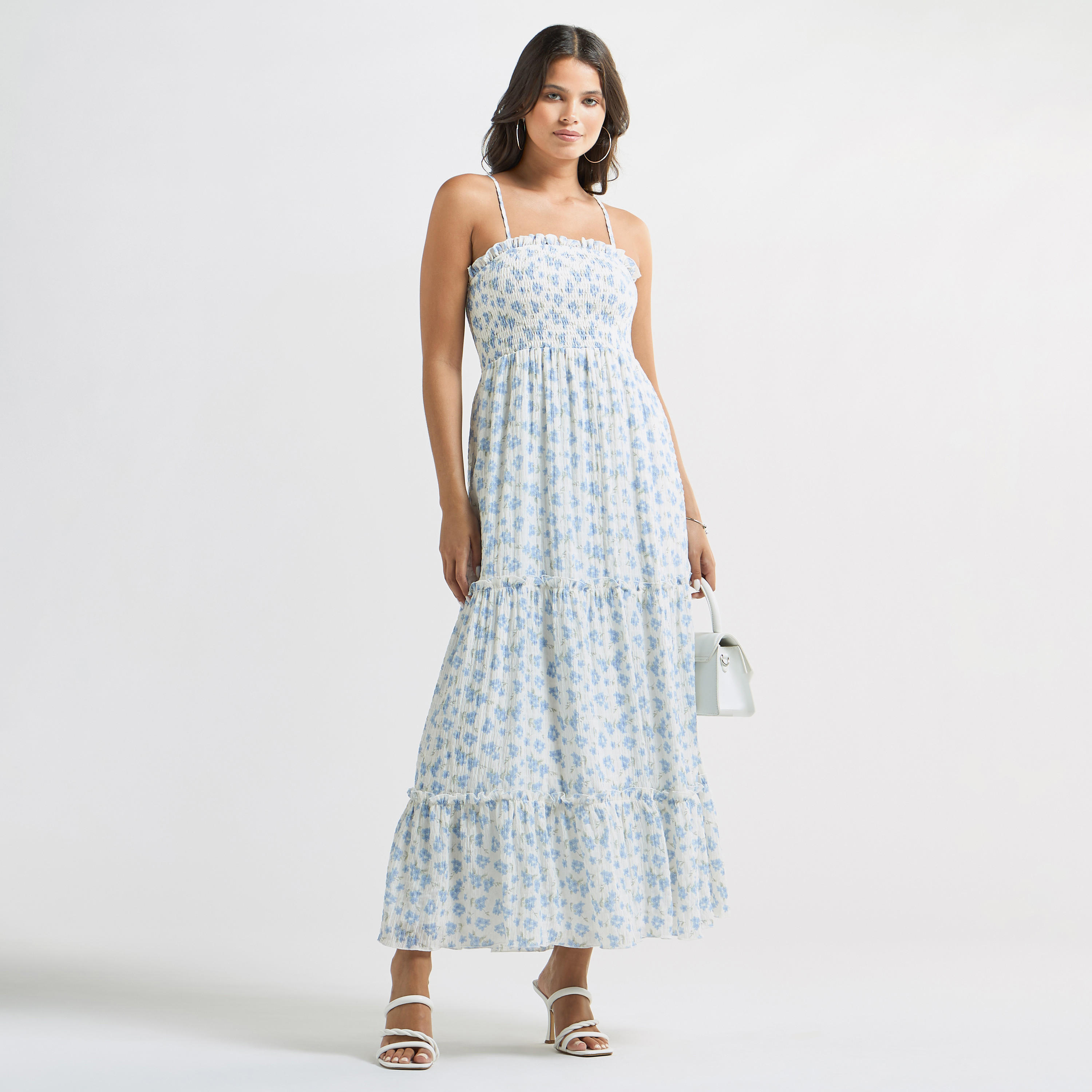 فستان إيه لاين دون أكمام وطبعات أزهار وتفاصيل سيرساكر-women-clothing-dresses-image-1