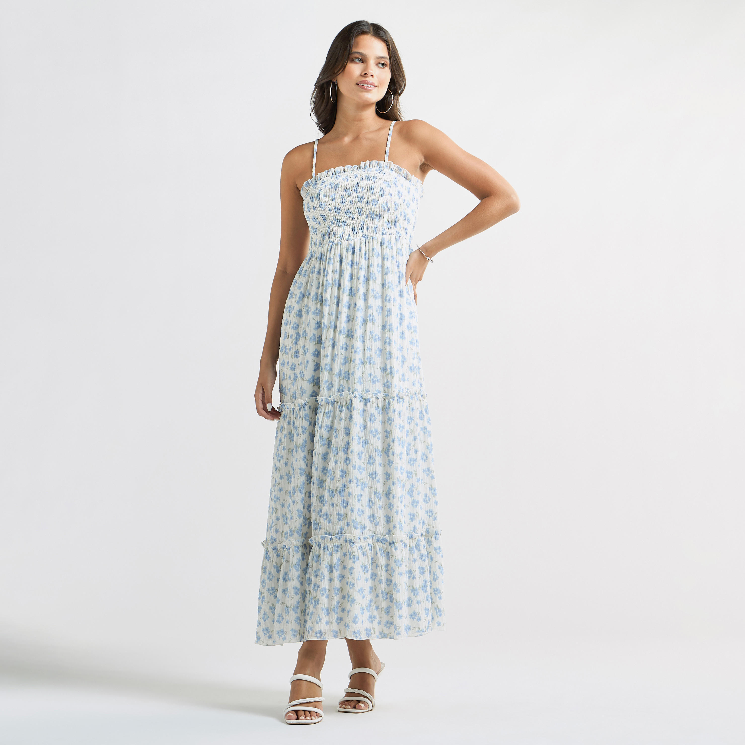 فستان إيه لاين دون أكمام وطبعات أزهار وتفاصيل سيرساكر-women-clothing-dresses-image-2