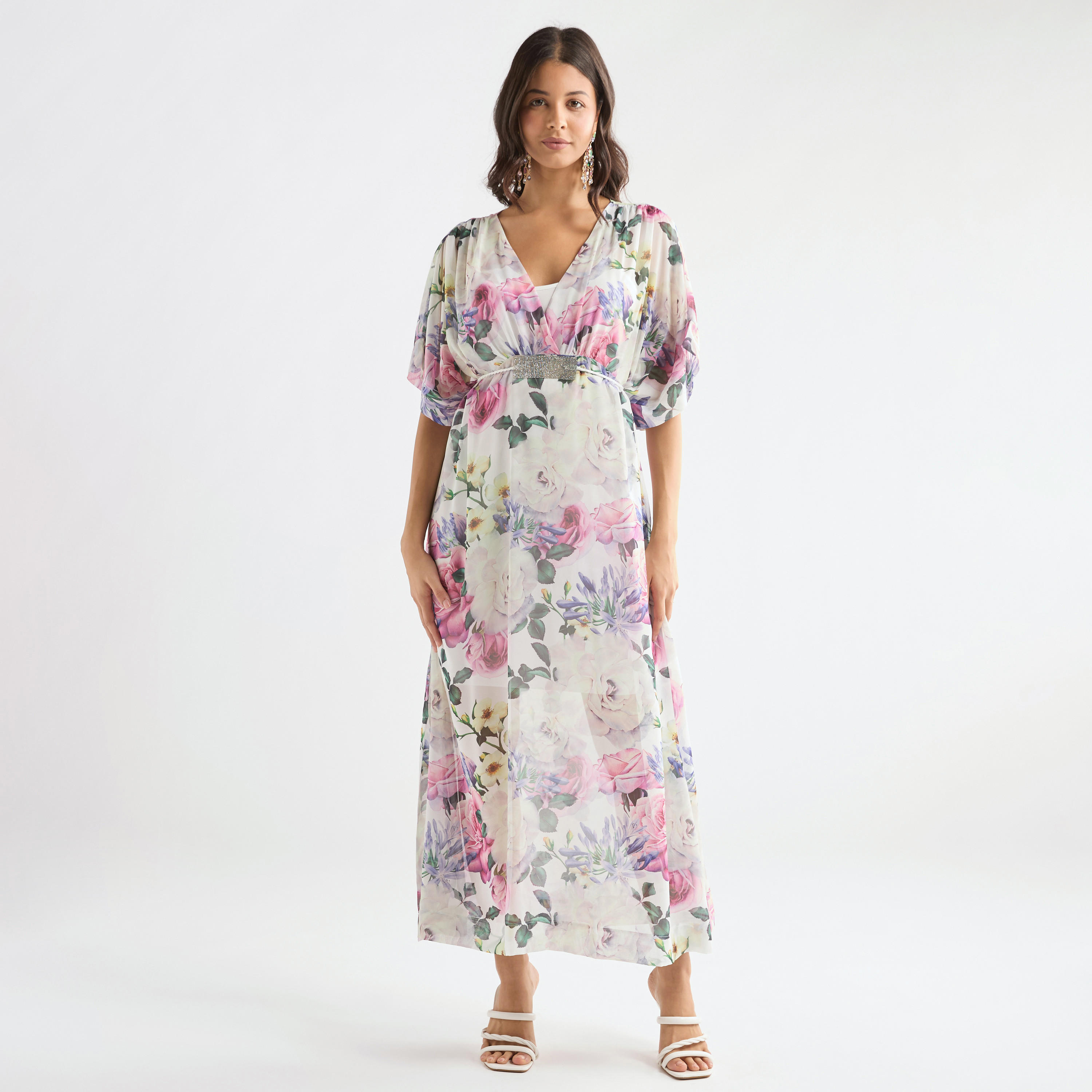 All-Over Floral Print V-neck Dress with Tie-Up Belt-women-clothing-dresses-image-1