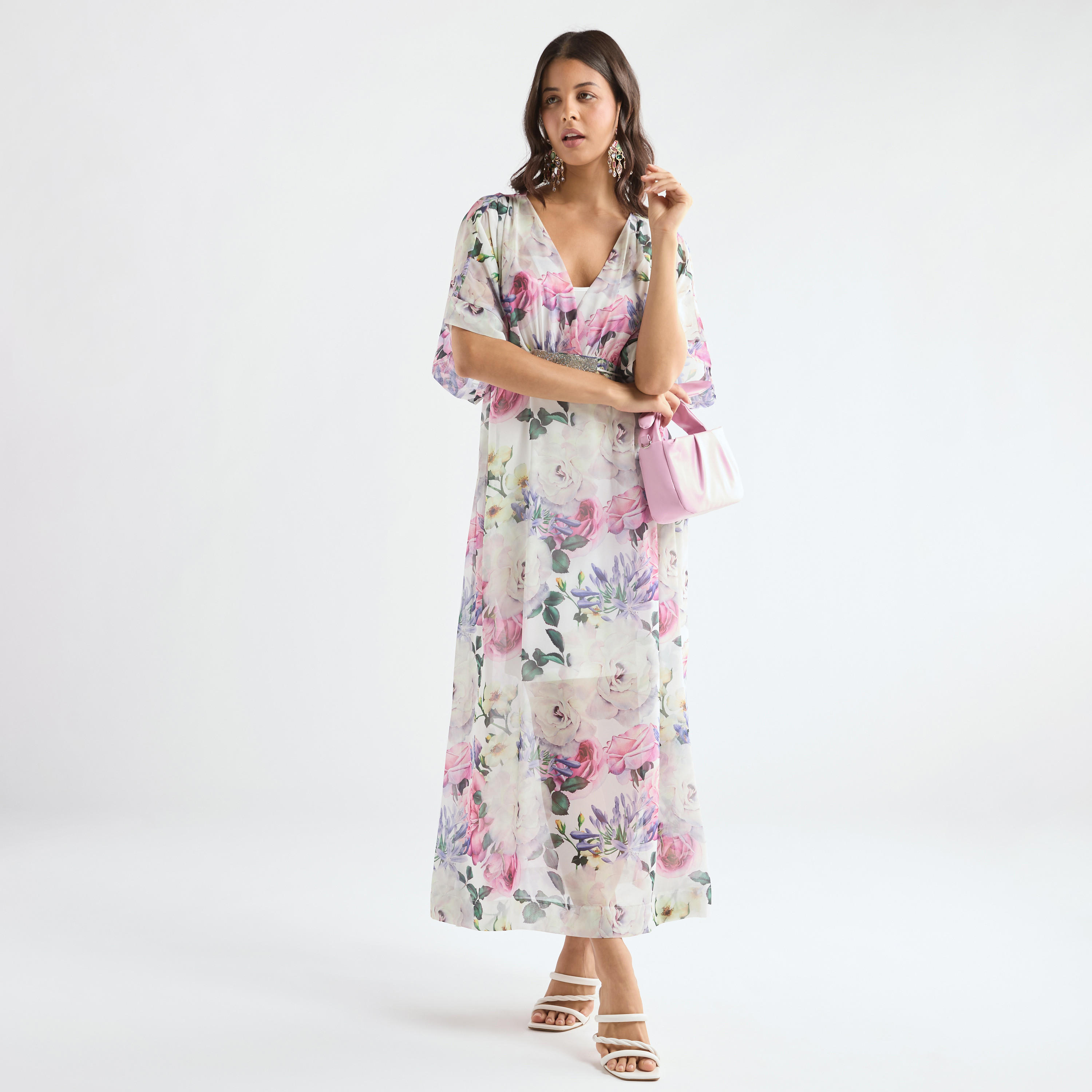 All-Over Floral Print V-neck Dress with Tie-Up Belt-women-clothing-dresses-image-2