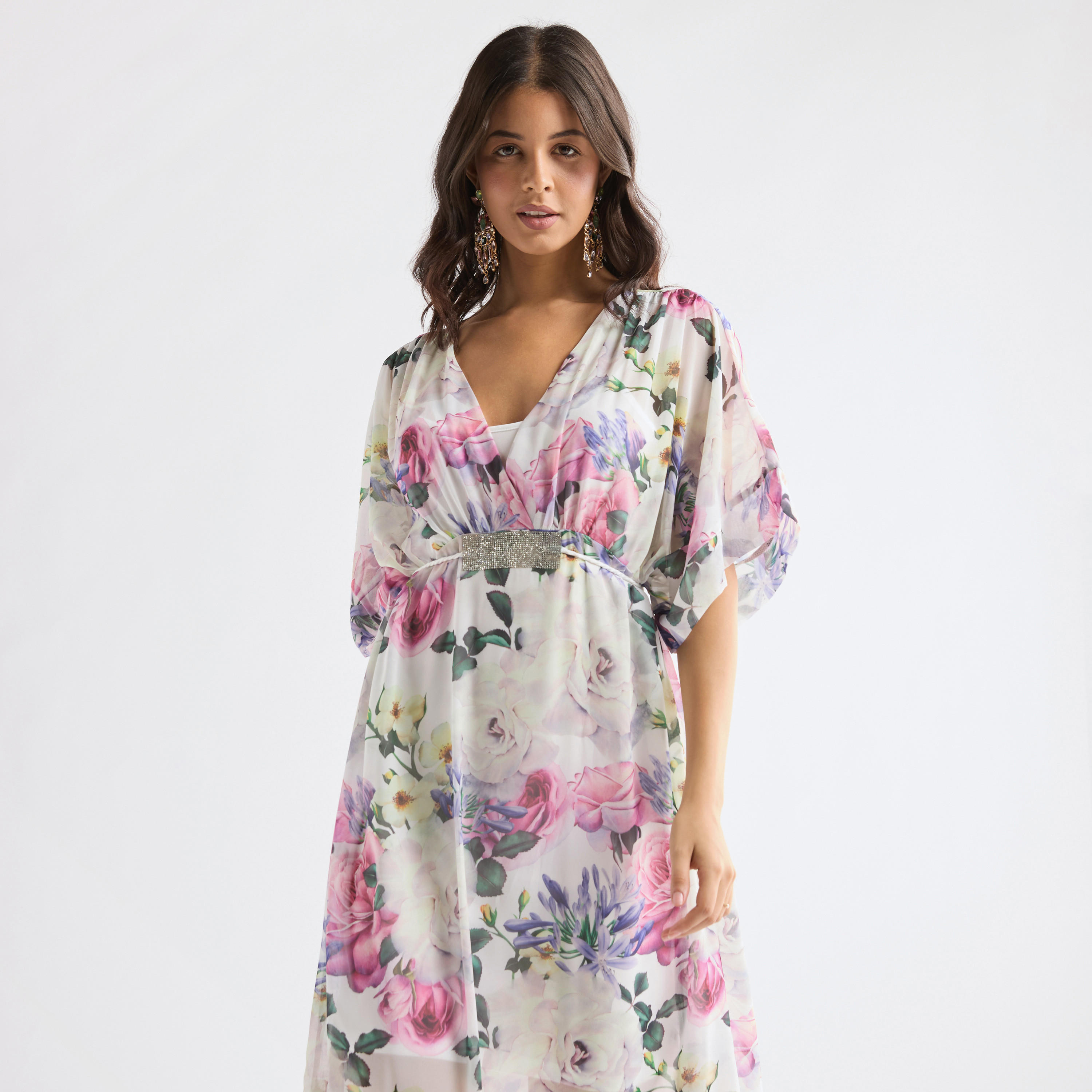 All-Over Floral Print V-neck Dress with Tie-Up Belt-women-clothing-dresses-image-4