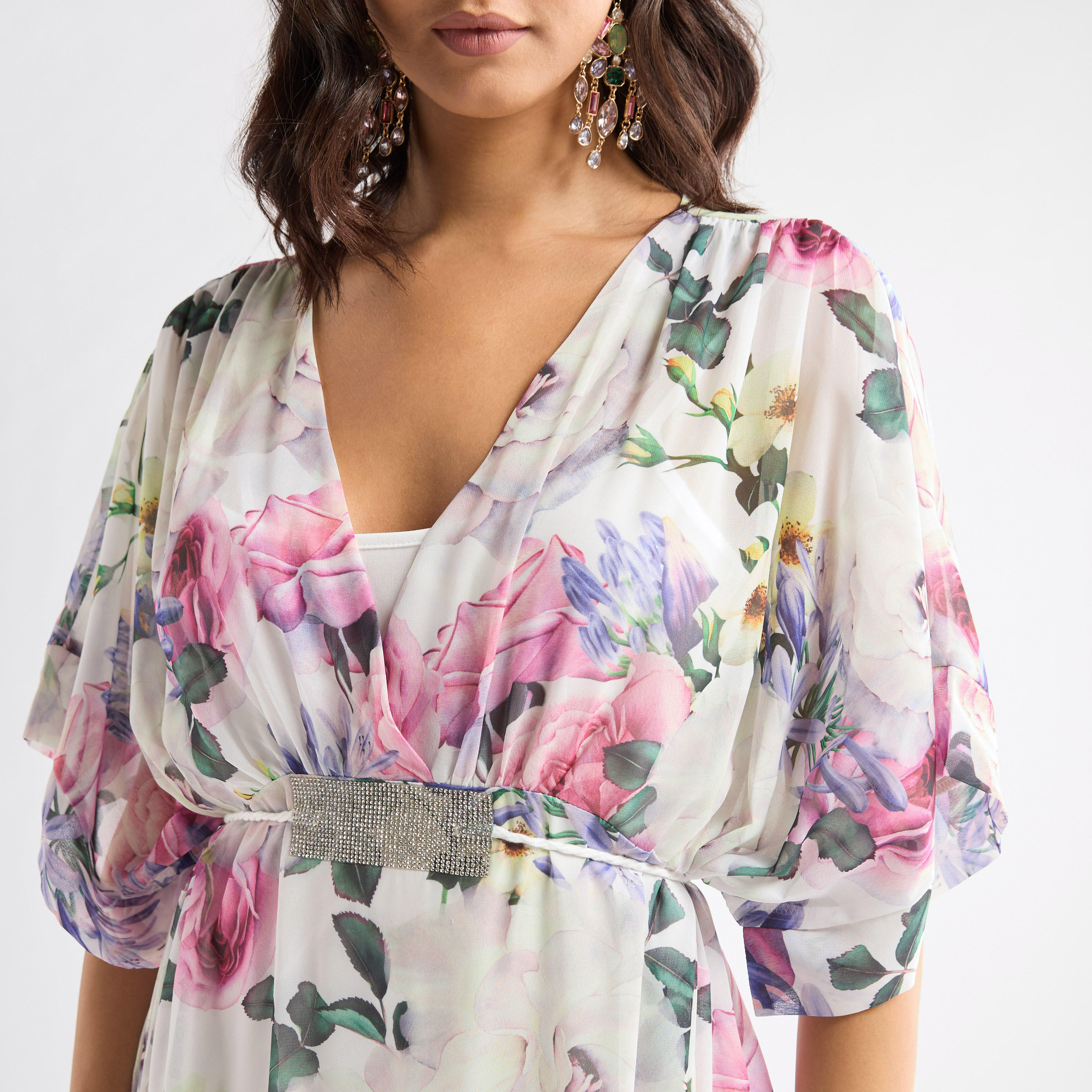 All-Over Floral Print V-neck Dress with Tie-Up Belt-women-clothing-dresses-image-5