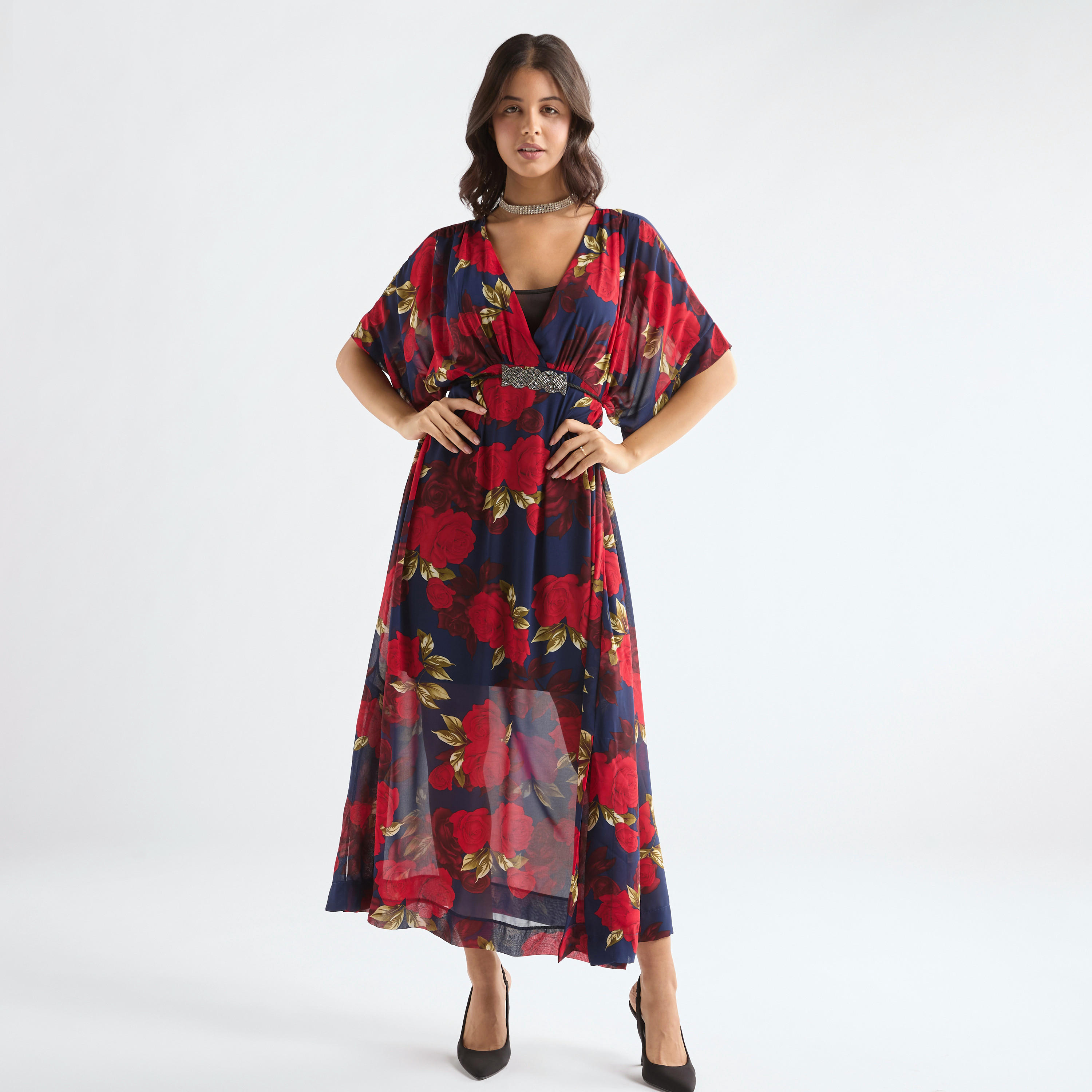All-Over Floral Print V-neck Dress with Tie-Up Belt-women-clothing-dresses-image-7