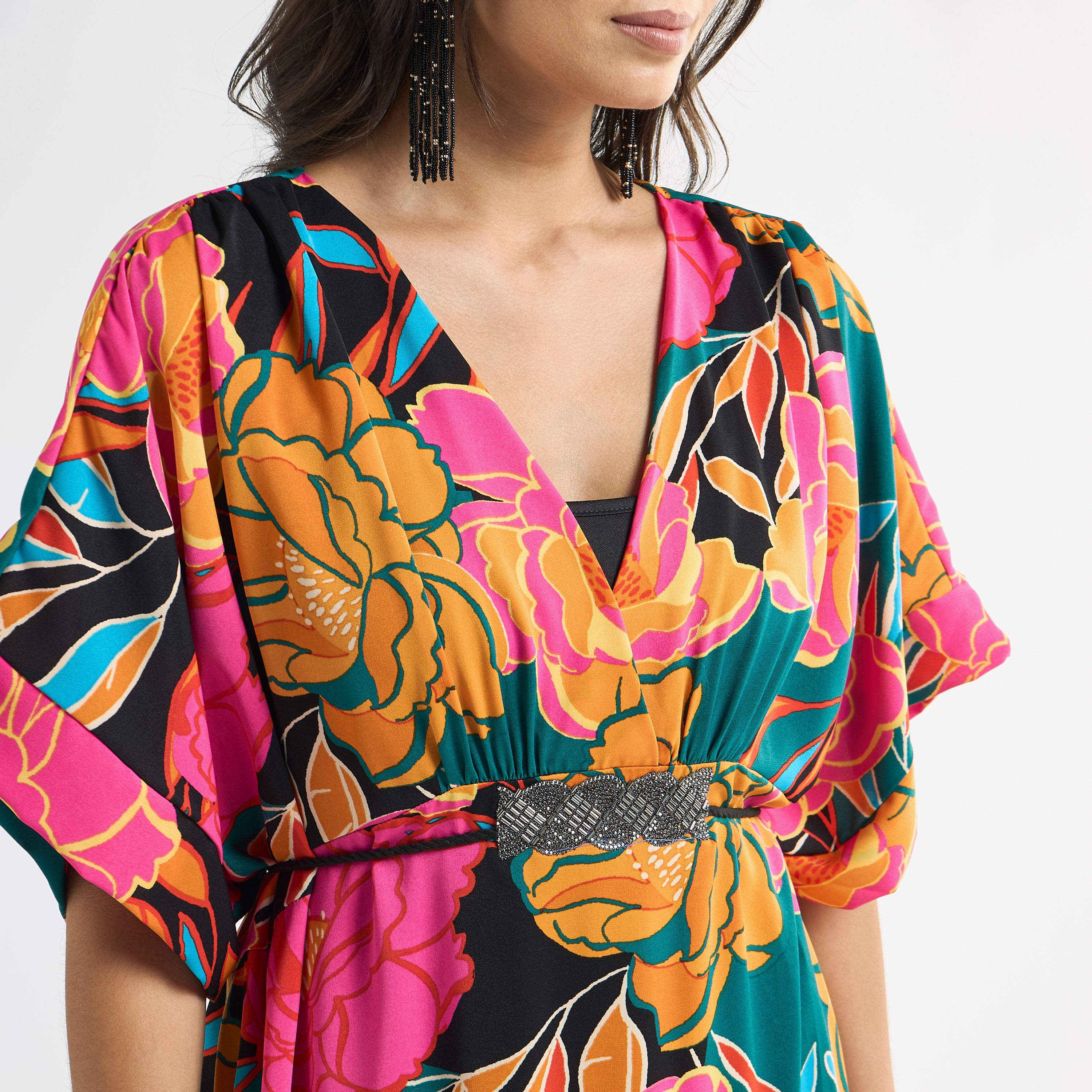 All-Over Floral Print V-neck Dress with Tie-Up Belt-women-clothing-dresses-image-15