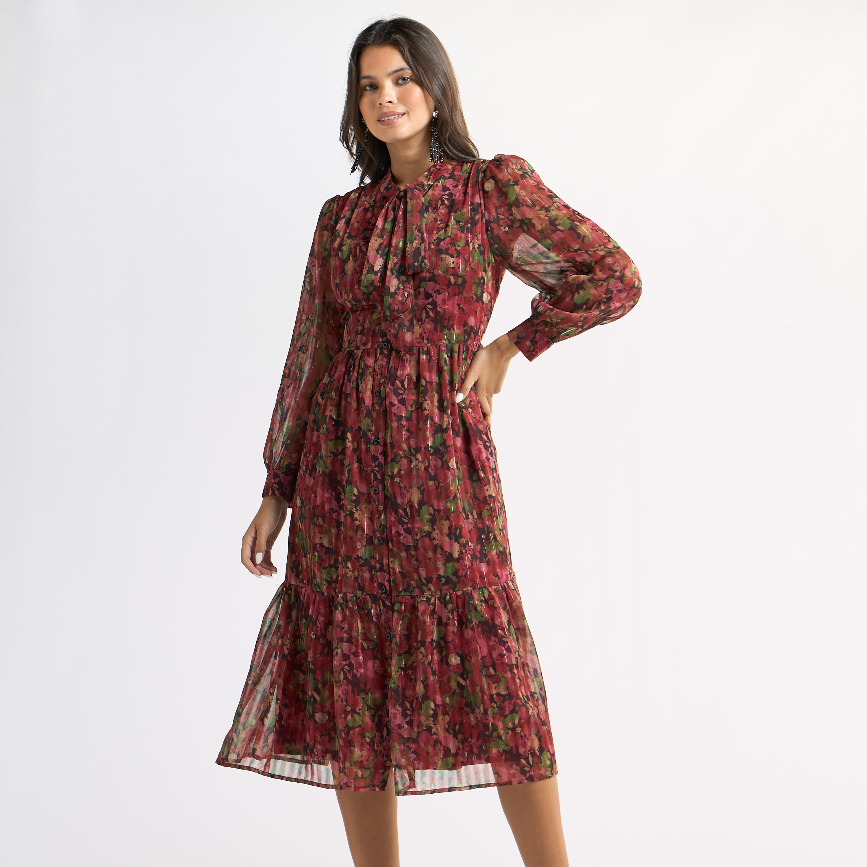فستان متعدد الطبقات بياقة فيونكة وطبعات زهور وأكمام طويلة-women-clothing-dresses-image-1