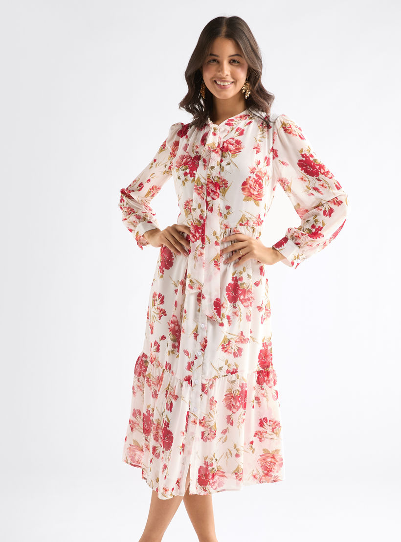 فستان ميدي بطبعات أزهار وياقة فيونكة وأكمام طويلة-women-clothing-dresses-image-1