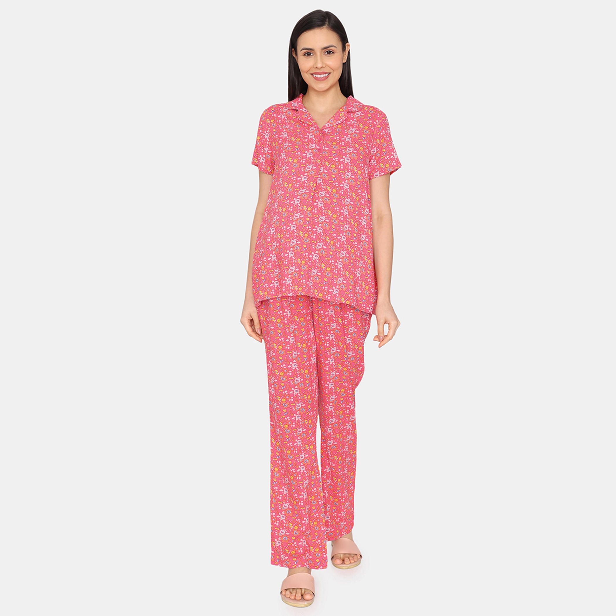 طقم للحوامل بنطلون بيجاما وتيشيرت بطبعات زهرية من زيفامي-women-clothing-maternity-nightwear-image-7