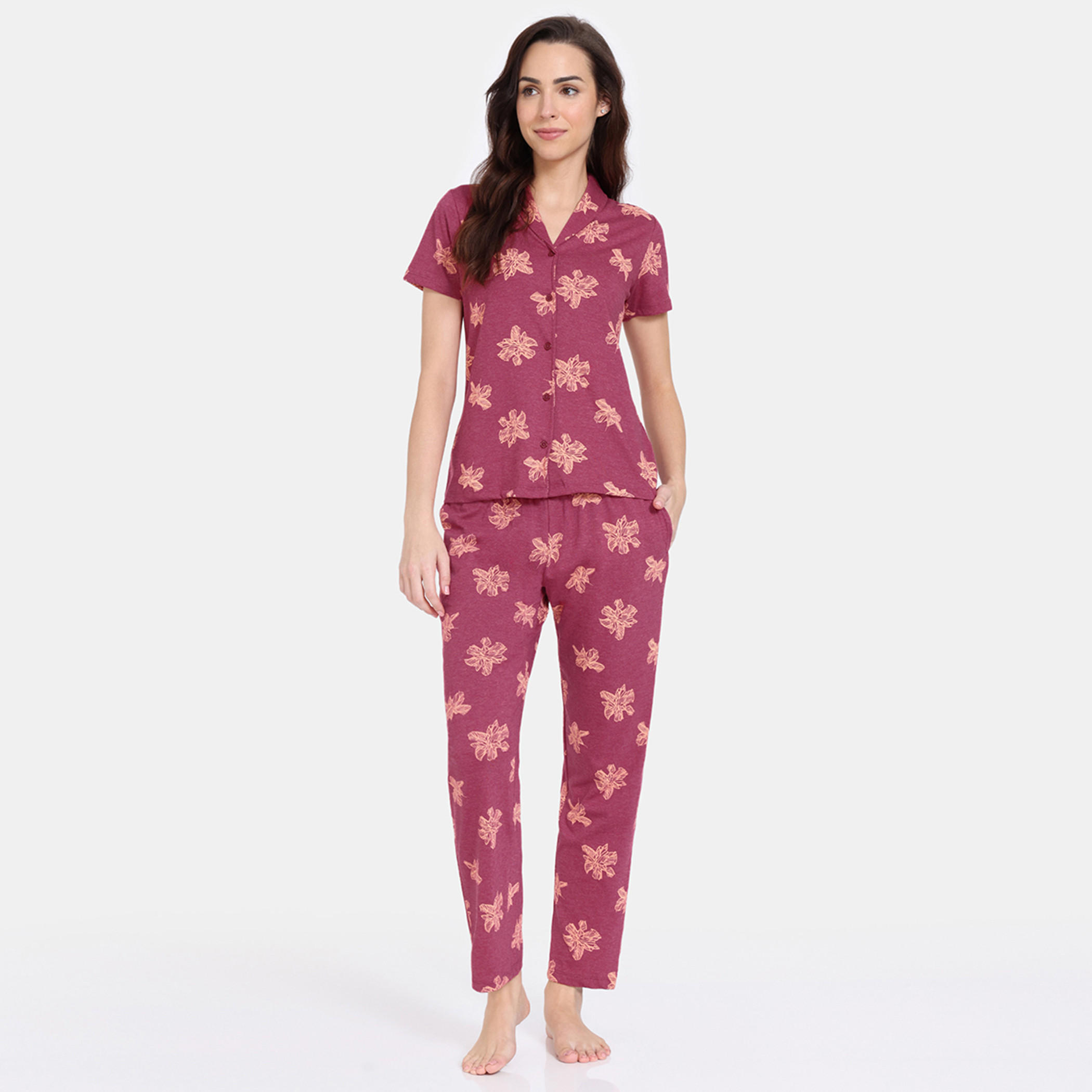 طقم بنطلون بيجاما وقميص بطبعات زهرية من زيفامي-women-clothing-nightwear-pyjamas-longsets-image-1