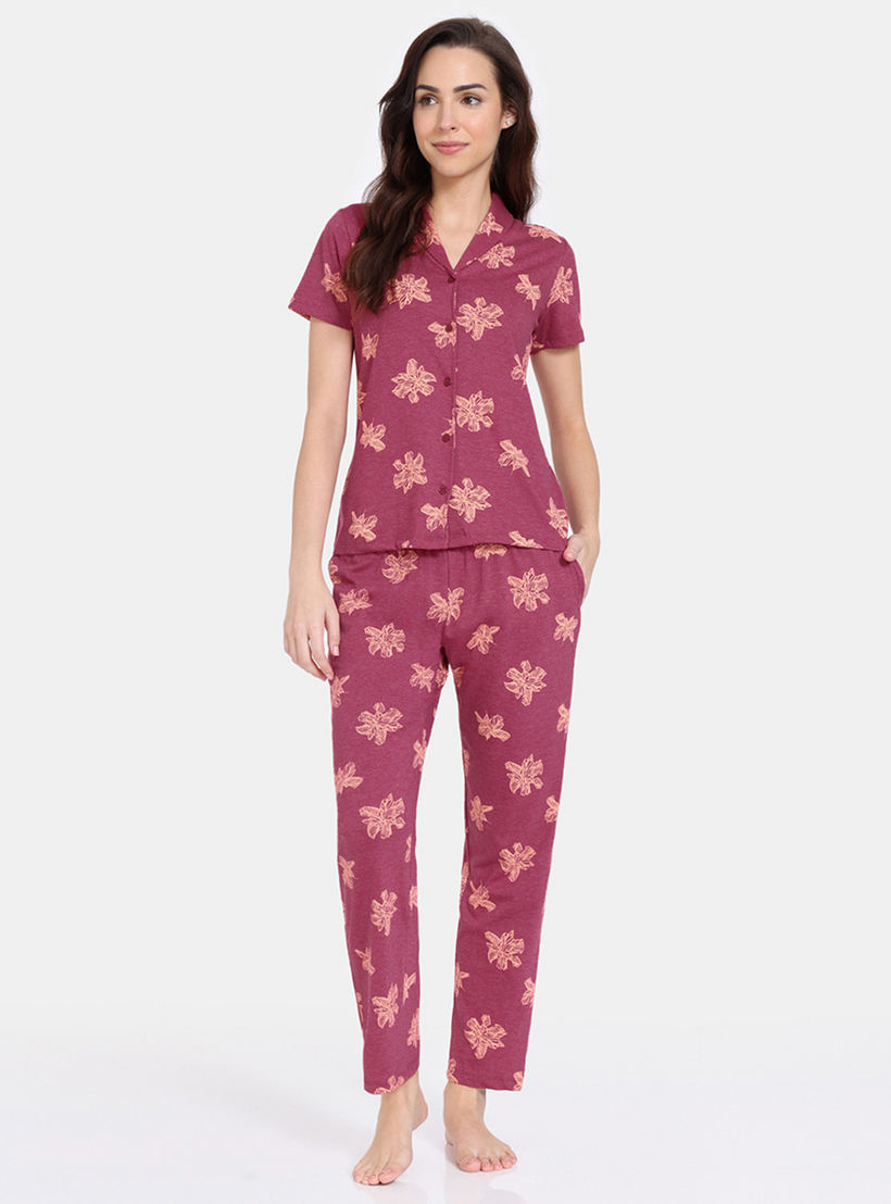 طقم بنطلون بيجاما وقميص بطبعات زهرية من زيفامي-women-clothing-nightwear-pyjamas-longsets-image-1