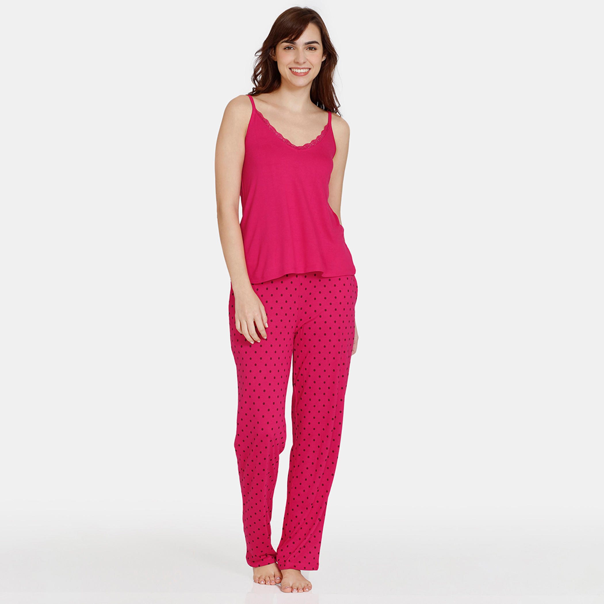 طقم بلوزة دون أكمام وبنطلون بيجاما منقط من زيفامي-women-clothing-nightwear-pyjamas-longsets-image-1